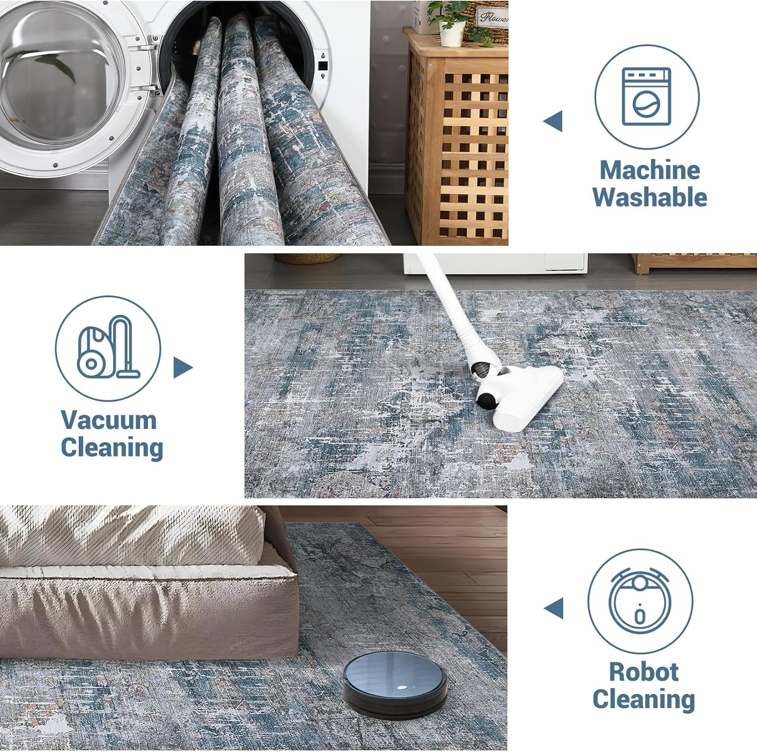 8x10 Rugs for Living Room Washable, Soft Vintage Distressed Neutral Area Rugs for Bedroom Retro Abstract Indoor Floor Carpet, Low Pile Non-Slip Large Farmhouse Rugs for Dining Room, Blue/Grey Multi