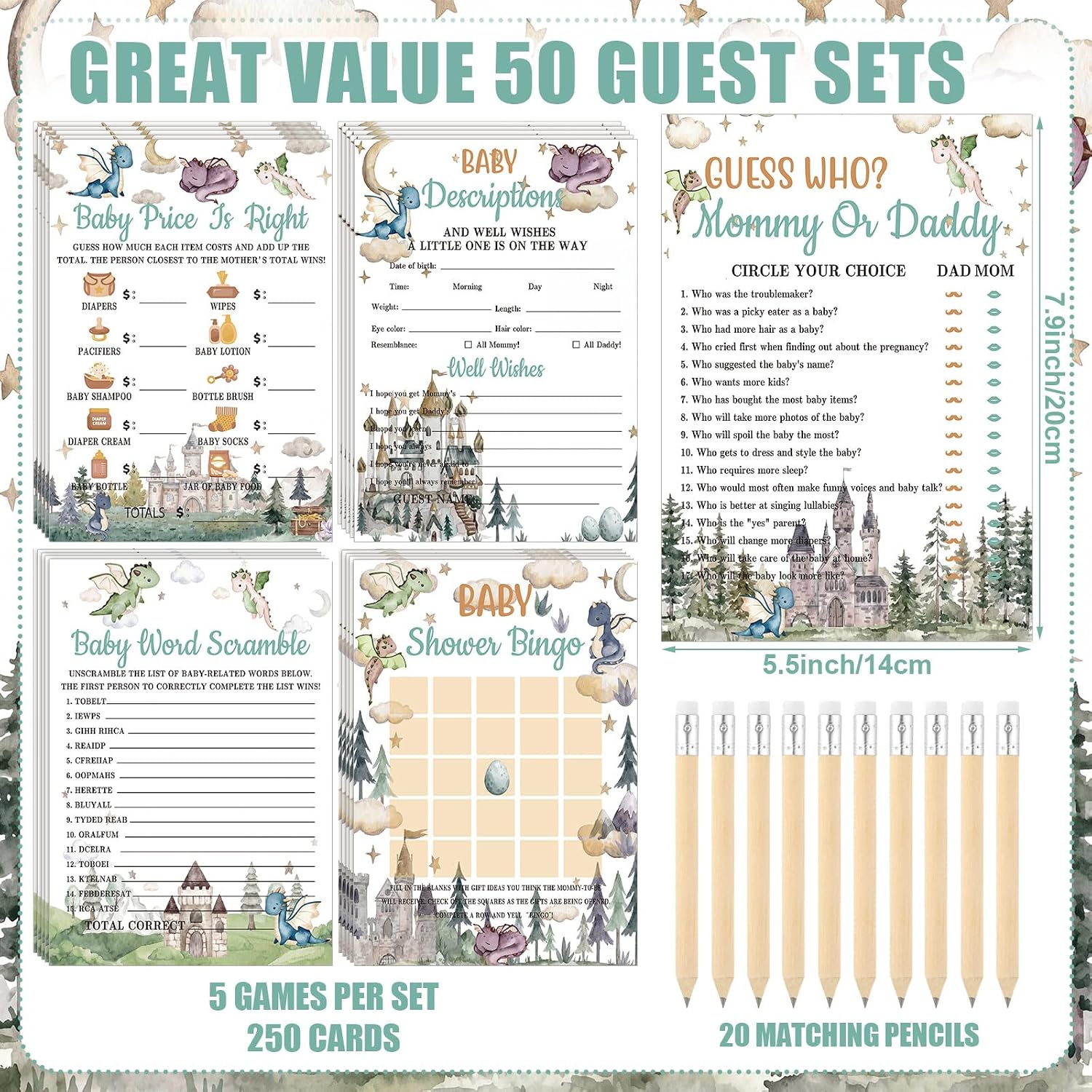 Patelai 321 Pcs Dragon Baby Shower Game Decorations 50 Set Hatching Soon Party Favors with 250 Activity Cards 20 Pencils 1 Don't Say Baby Sign 50 Clothespins for Price Is Right Prediction Bingo Games