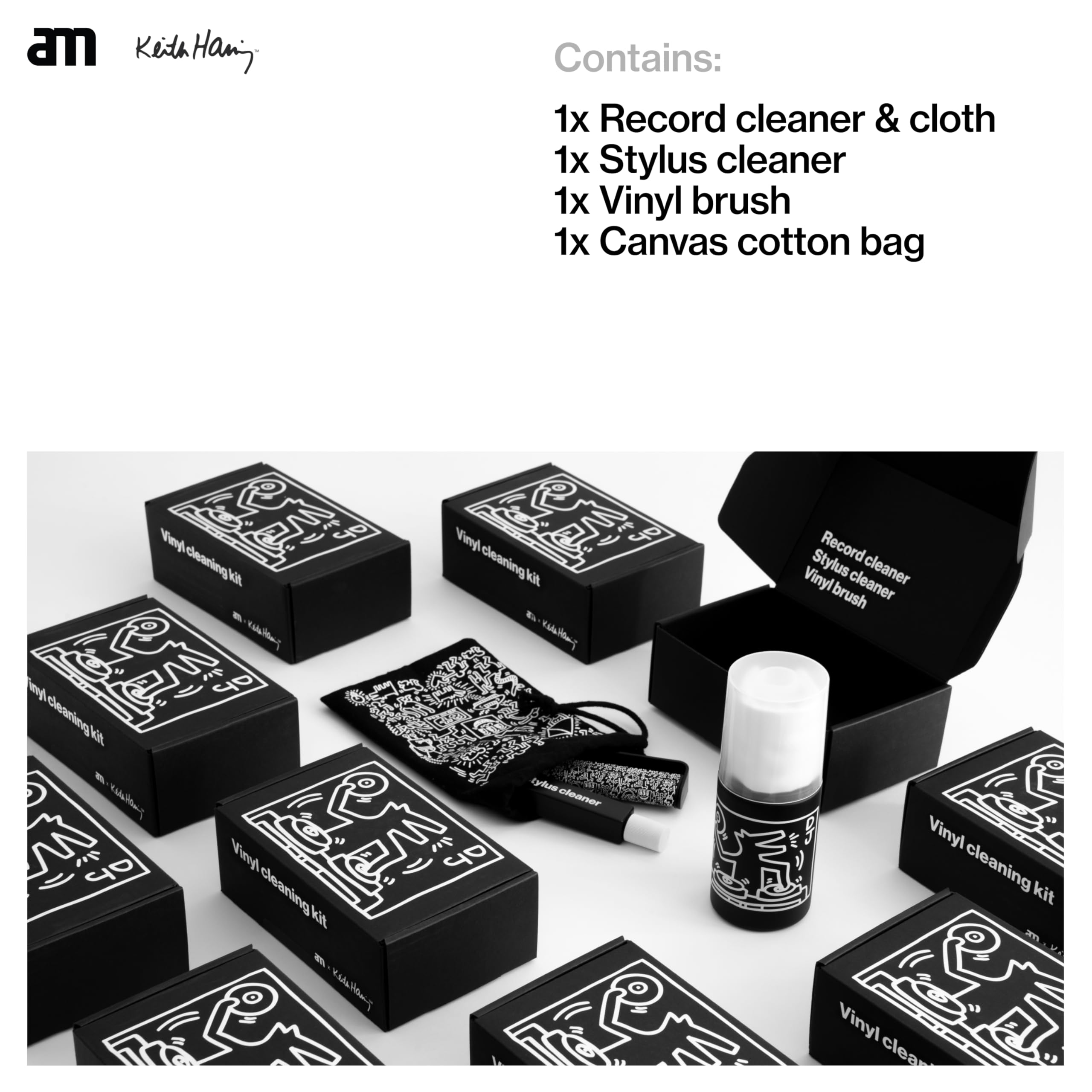 am Keith Haring zestaw do czyszczenia winylu 3 w 1 – spray do czyszczenia 200 ml, Stylus Cleaner, szczotka z włókna węglowego i chusteczki do czyszczenia, Keith Haring