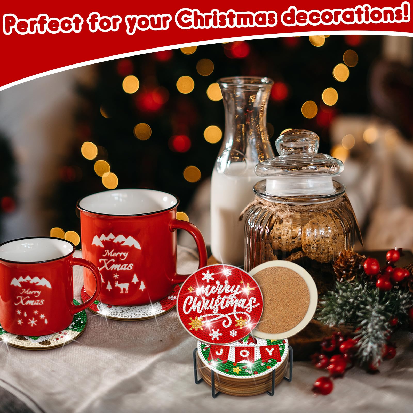 12 posavasos de arte de diamantes de Navidad, clásicos elementos de Navidad, posavasos de pintura de diamantes con soporte, kit de pintura de diamantes de Navidad, Papá Noel, muñeco de nieve, árbol de