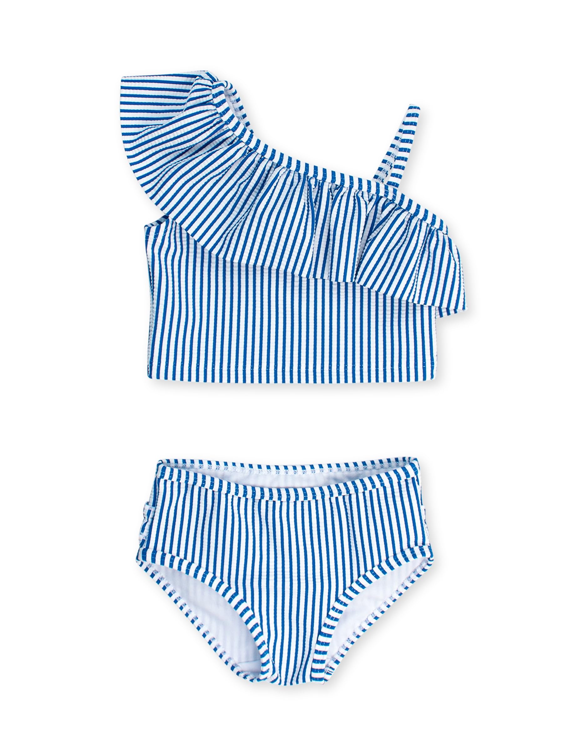 RuffleButts Girls UPF50+ Sun Protection One Shoulder Ruffle Tankini Two Piece Swimsuit | 80% Nylon 20% Spandex, Polyester Lining, Floral Botanical Print, Non-Adjustable Straps, Comfort Fit, Toddler Swimwear