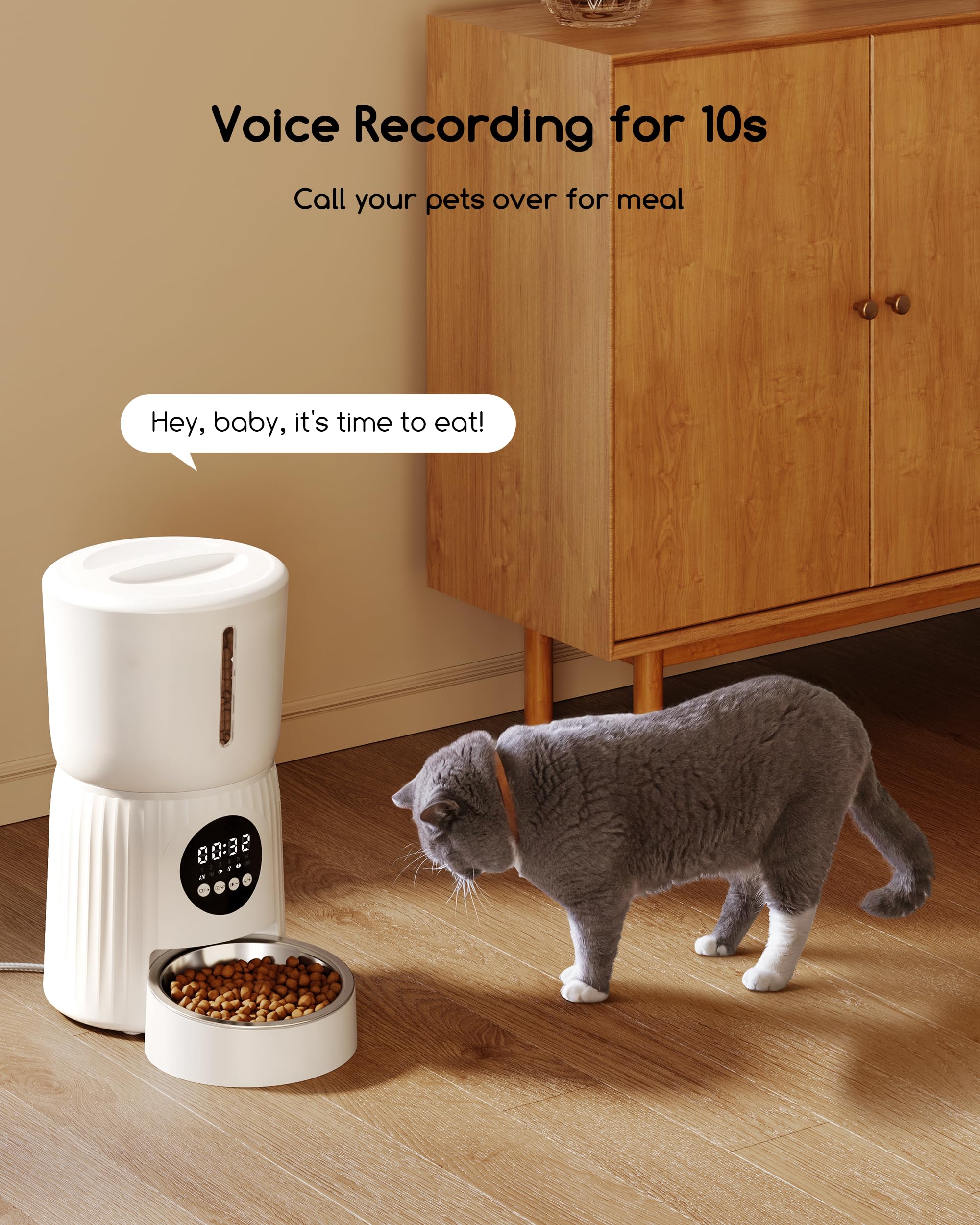 Faroro 4L Distributeur Croquettes Chat Automatique, Mangeoire pour Chat Chien avec Gamelle en Acier Inoxydable, Minuterie Programmable et Enregistreur 30s Vocal, 1 à 6 Repas par Jour (Blanc)
