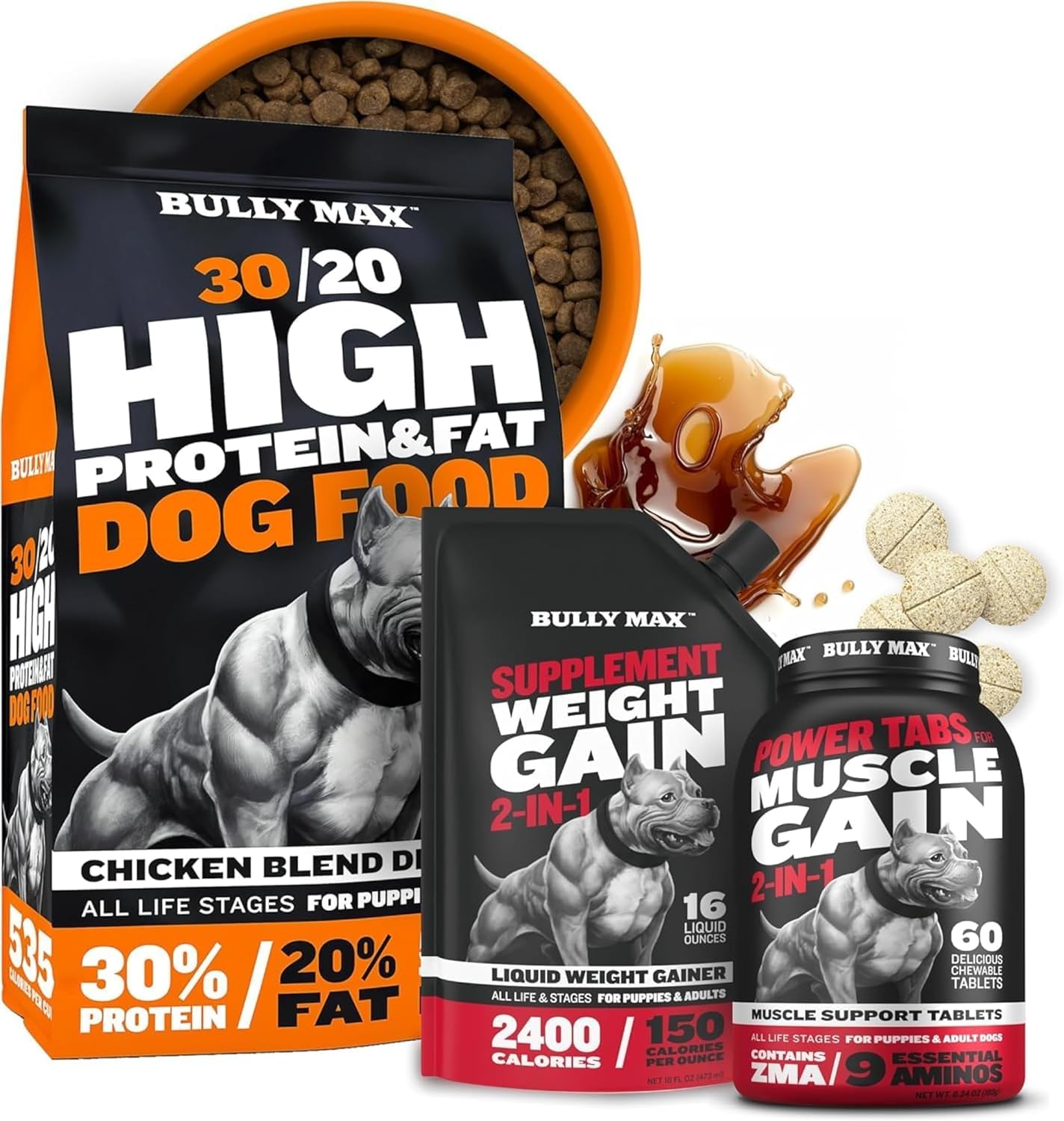 Bully Max High Protein Dry Dog Food (15lbs. Bag) + Muscle Builder Tabs (60 tabs) & Liquid Weight Gainer Bundle – Healthy Weight, Muscle Gain, Immune Support, Energy Delivery for Puppies & Adults Dogs