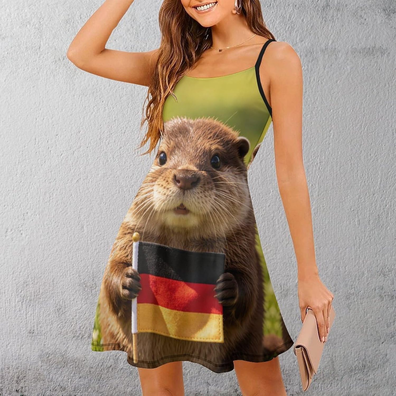 A Beaver Holding A German Flag Short Cami Dress for Women Adjustable Spaghetti Strap Flowy Sundress Beach Vacation