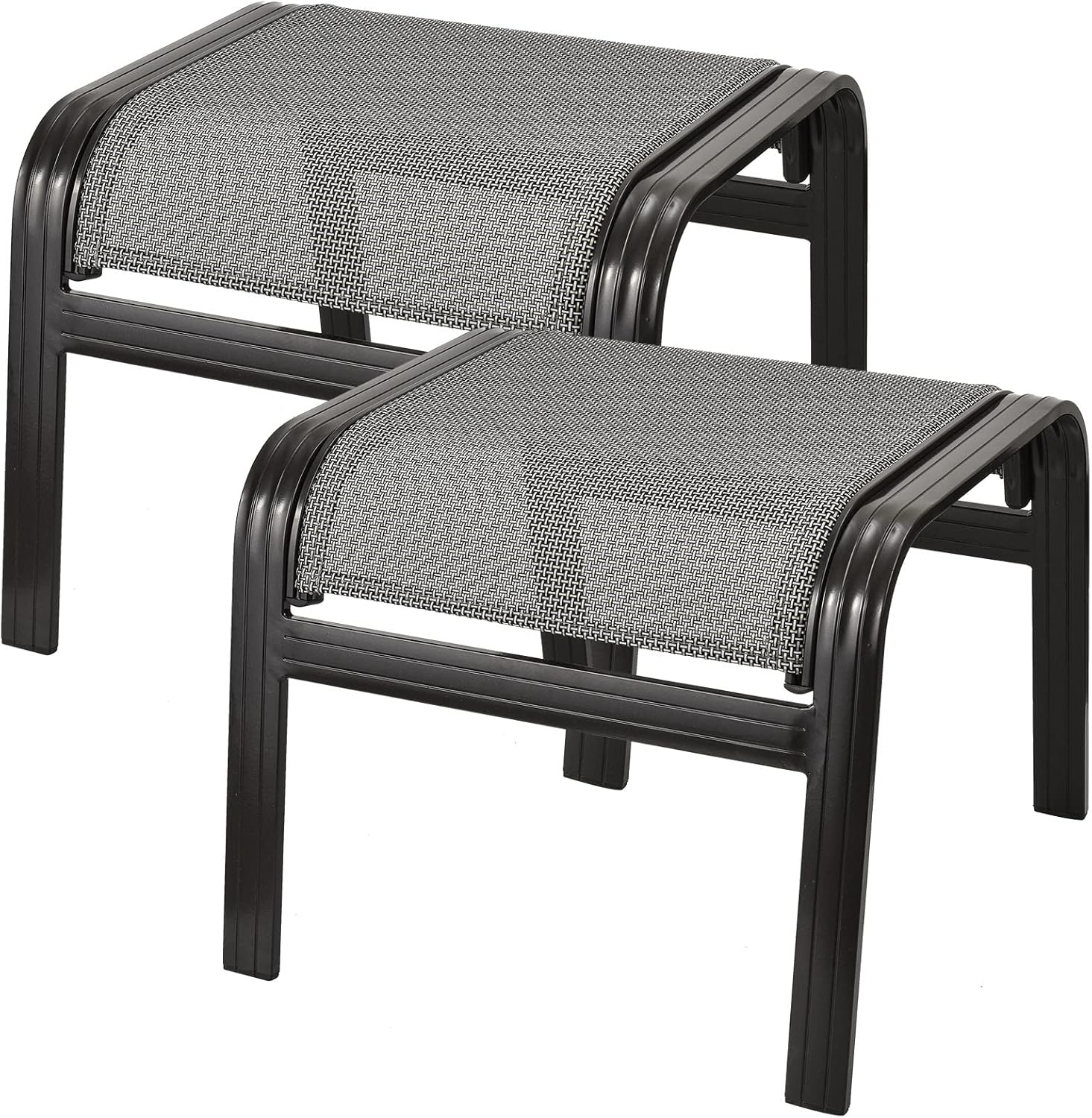 Deguifei 2-Pack Grey Patio Ottomans - Stackable Aluminum Outdoor Footrests, Textilene Wicker Footstools 300 lbs Capacity
