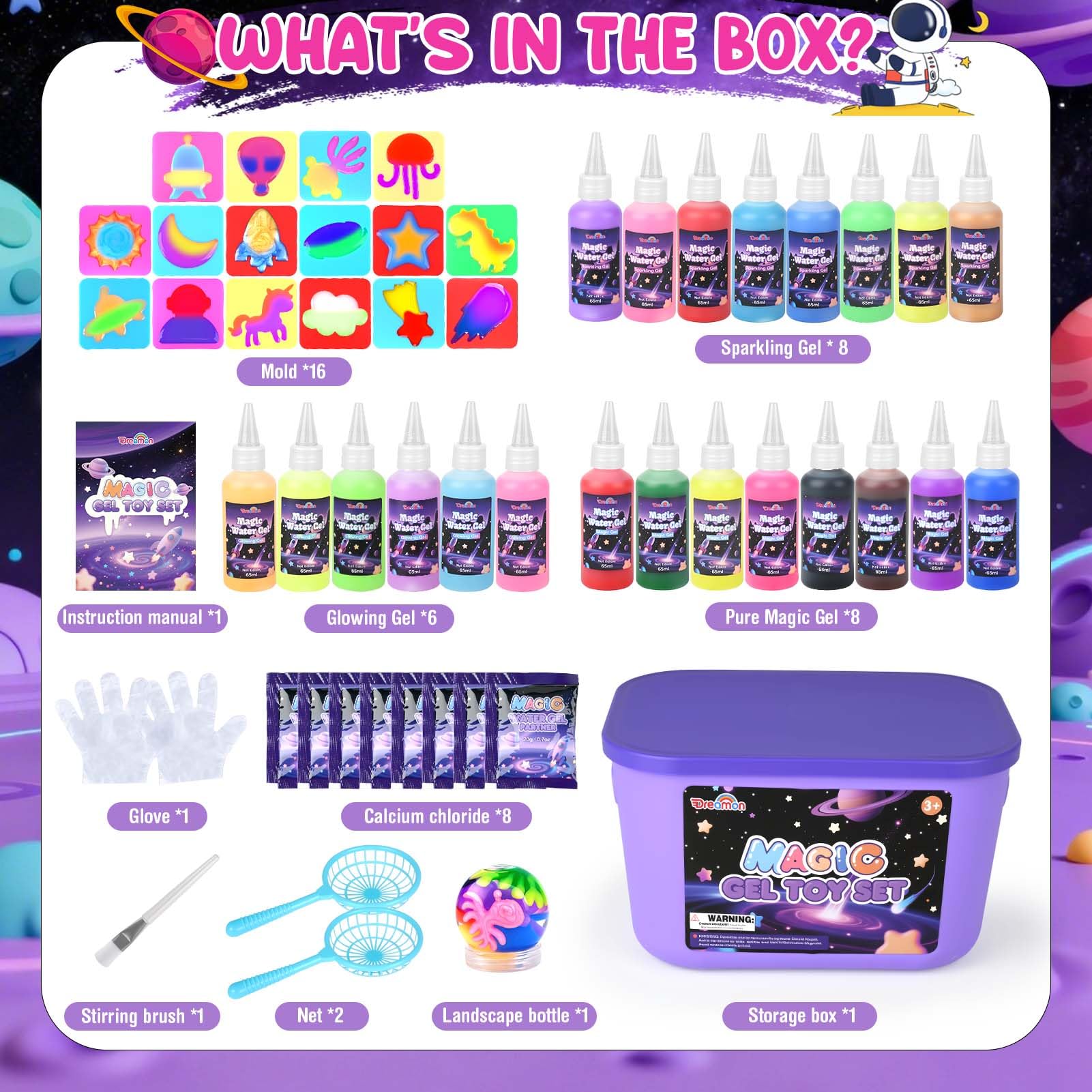 Dreamon Aqua Gel Set Spaziale 53PCS, Kit Creativo per Bambini con 22 Colori di Water Gel e 16 Formine Razzo Stella Luna, Attività Manuale 3D Educativa e Regalo per Bambini 3 4 5 6 Anni