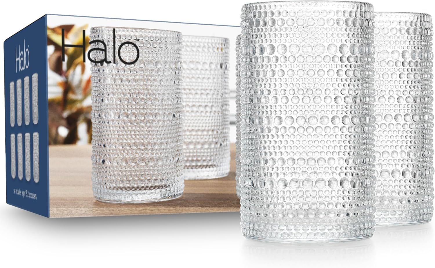 MosJos Hobnail Highball Glasses Set of 8, Textured Embossed Beaded Design, 15.2 oz Cocktail Cooler Drinking Glassware Elegant Everyday Home Dinner Bar
