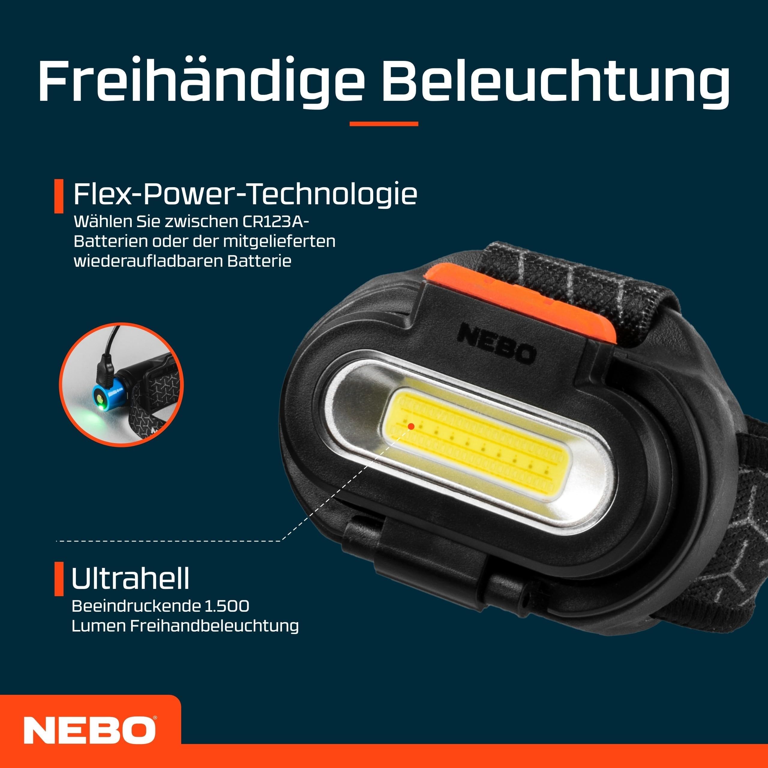 NEBO Einstein 1500 Flex - Kopflampe - Wiederaufladbare Stirnlampe mit 5 Lichtmodi - Wanderausrüstung & Camping Zubehör - Stirnlampe für Outdoor Joggen & Sport