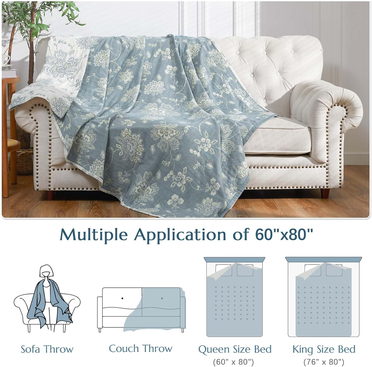 jinchan Boho 100% Cotton Muslin Twin Size 60x80 Inches Blanket Lightweight 4-Layer Quilted Soft Blue and White Floral Throw Blanket Green Accents Reversible Comfy Flower Summer Couch Bedroom Decor
