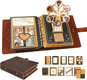 Handmade Genuine Leather Scrapbook Photo Album – DIY 3D Interactive Memory Book for Wedding, Baby, Family Photos (Travel, Anniversary, Birthday Gift)- D.Brown