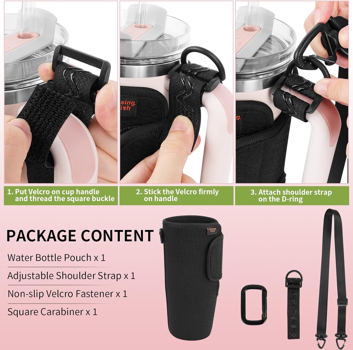 Desing Wish Water Bottle Carrier for Stanley Quencher 30oz Tumbler Cup Water Bottle Holder with Strap Neoprene Protective Tumbler Carrying Bag for Hiking Fitness Travelling - Black - Image 2