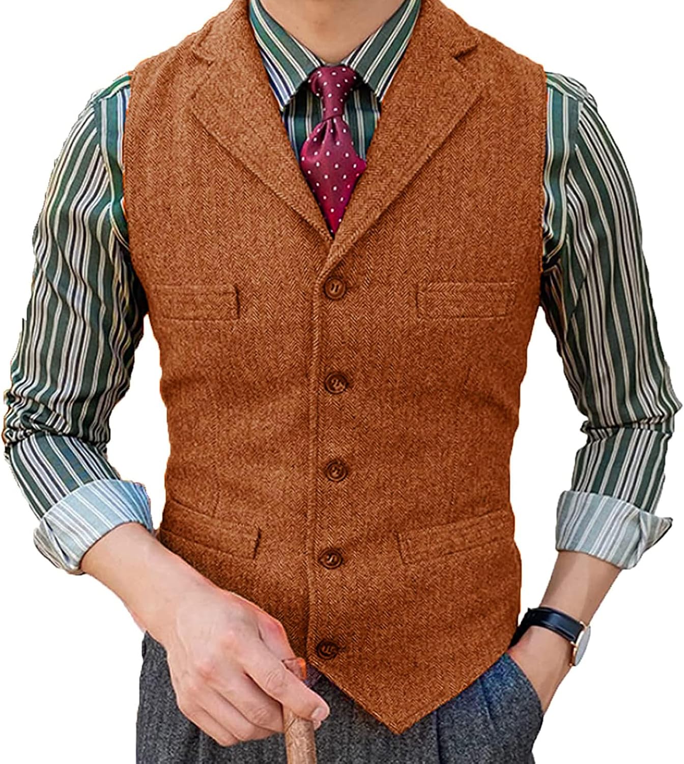 Mens Slim Fit Herringbone Tweed Suits Vest, Lapel V Neck Casual Formal Groomman Lightweight Waistcoat for Prom Banquet Work (Color : Black, Size : Large)