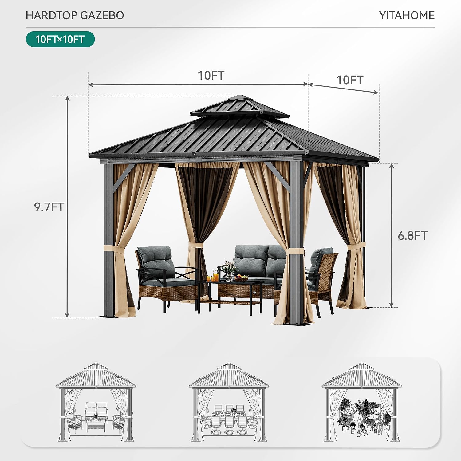 DWVO 10x10ft Hardtop Gazebo Double Roof with Nettings and Curtains, Heavy Duty Galvanized Steel Outdoor Vertical Stripes Roof for Patio, Backyard, Deck, Lawns, Brown