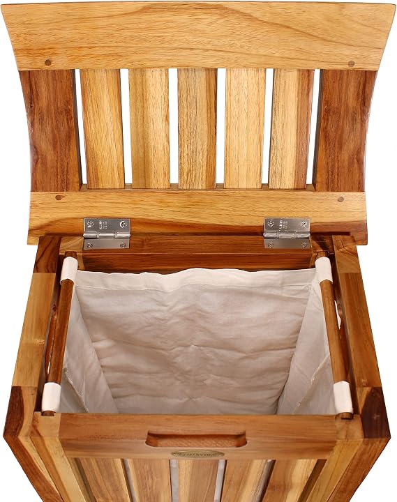 EcoDecors 15x12.5x16 Solid Teak Laundry Hamper, Natural Wood