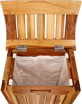 EcoDecors 15x12.5x16 Solid Teak Laundry Hamper, Natural Wood