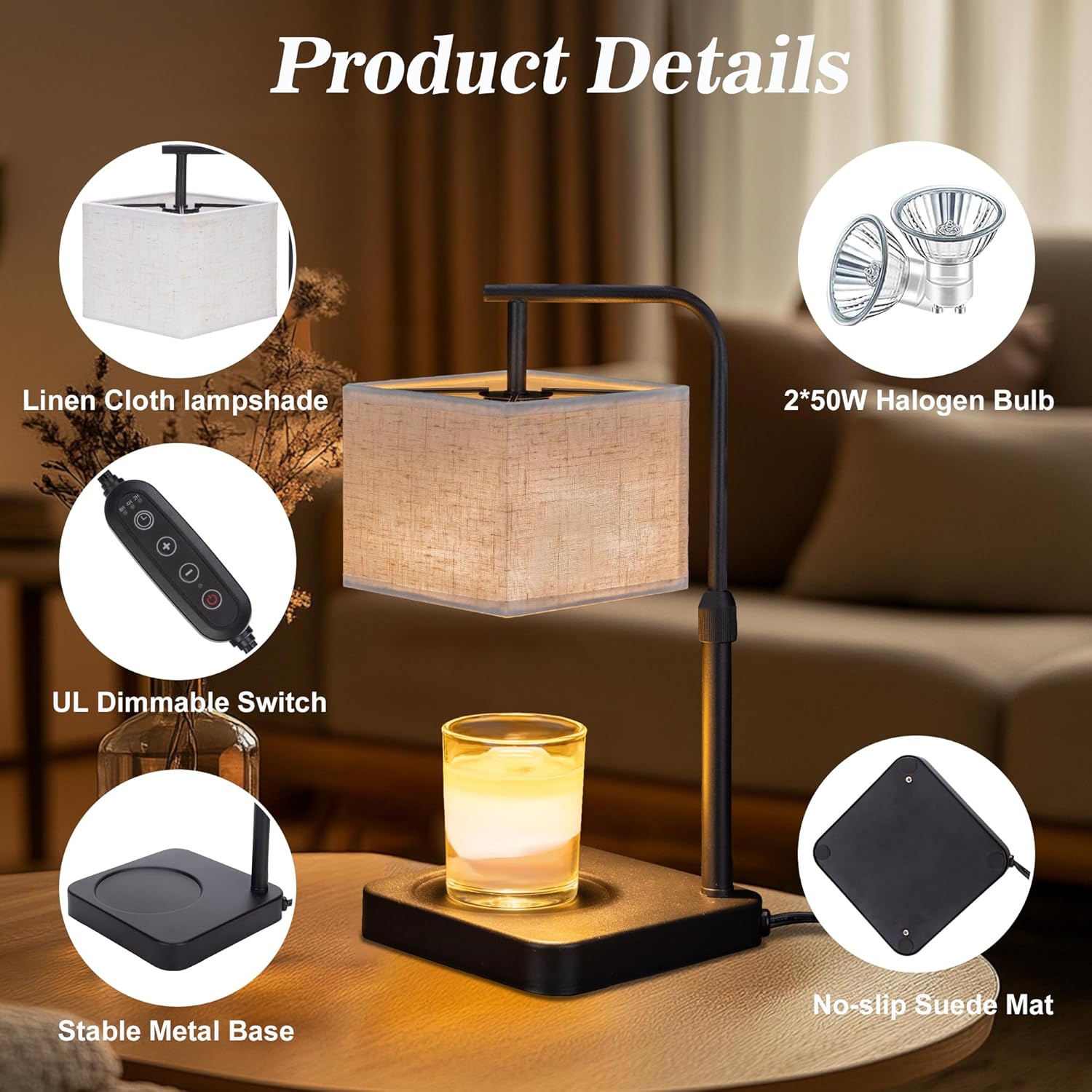 Candle Warmer Lamp with Timer Dimmable,Wax Warmer Lamp with Square Fabric Linen Shade,Height Adjustable Candle Warmer with 2 Bulbs,Gifts for Women Mom,House Warming Gifts New Home Bedroom Decor - Image 4