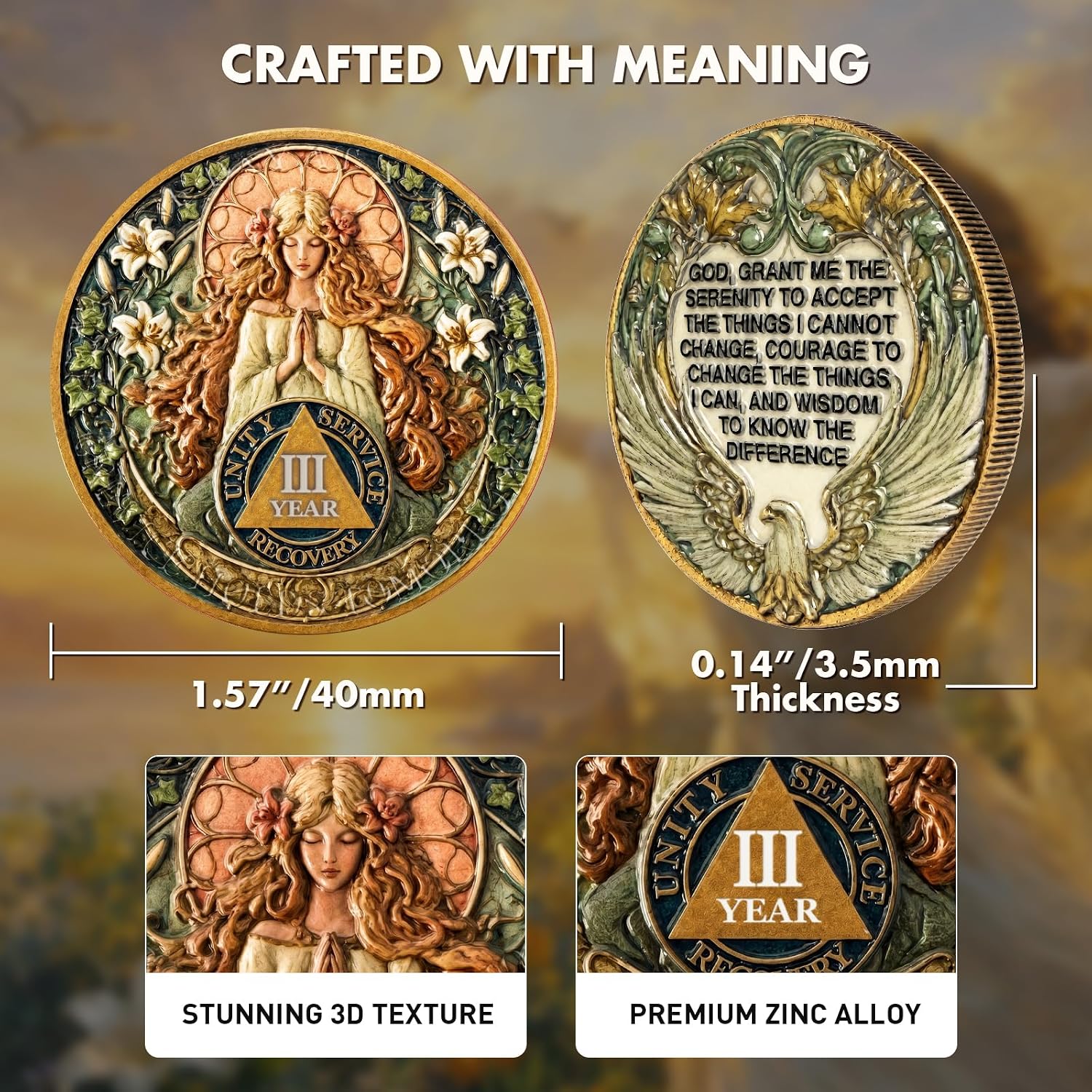 EXY 3 Year Sobriety Coin | Mucha Elegant Goddess Design | 3D Texture AA NA Medallions & Recovery Chips | Anniversary Sobriety Gift Set with Token Capsule, Stand & Card for Men Women