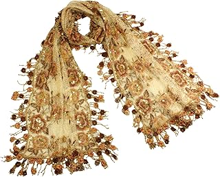 Embroidered Lace Large Flower & Beaded Shiny Sequins Long Scarf - Brown