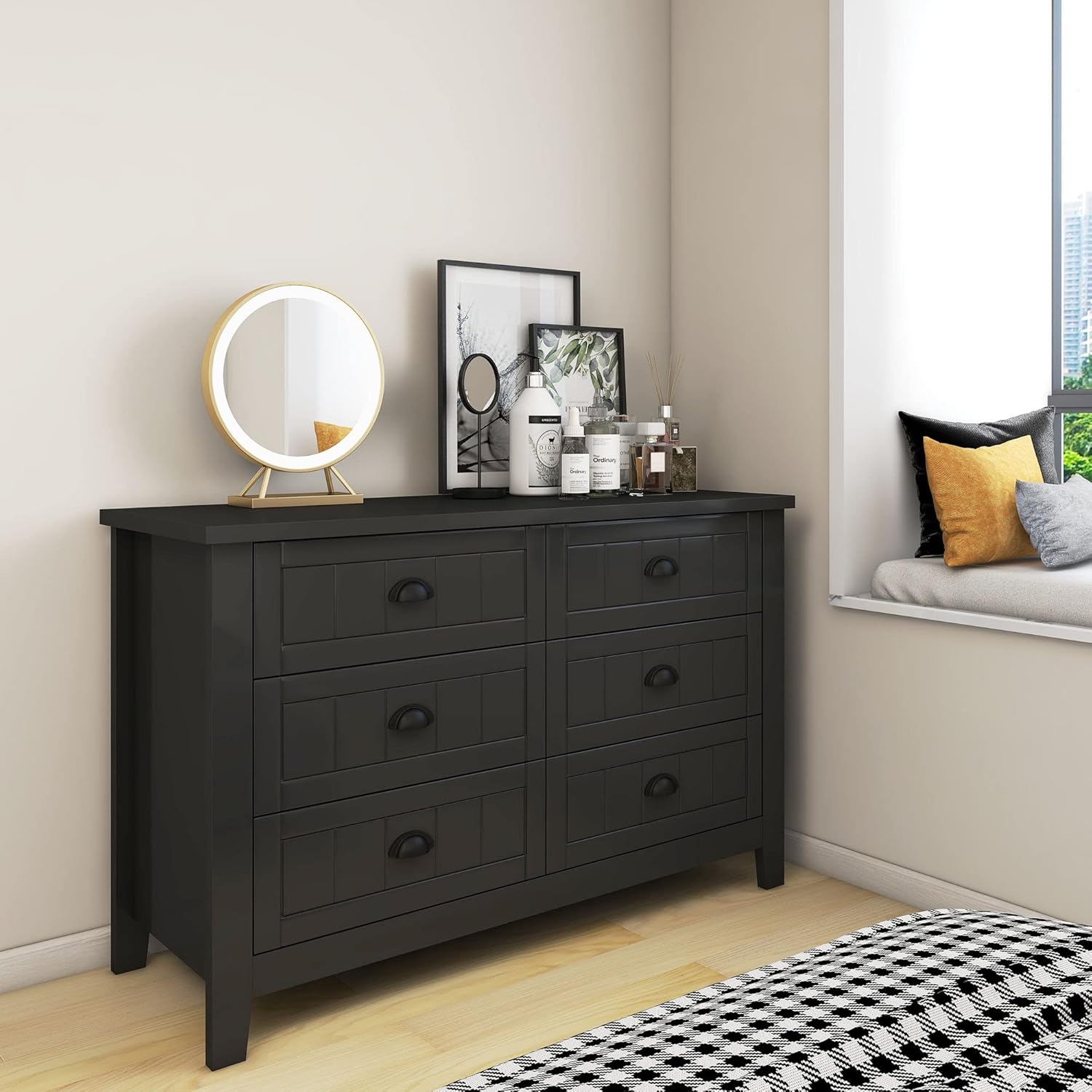 Wood 6 Drawer Dresser,Mid Century Modern Chest of Drawers for Living Room,Black Dressers with Shell Handle