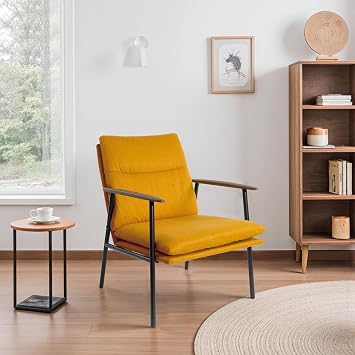 Zouron Upholstered Accent Chair with Metal Frame, Modern Living Room Reading Chair with Wooden Armrests and Cushion Back, Yellow