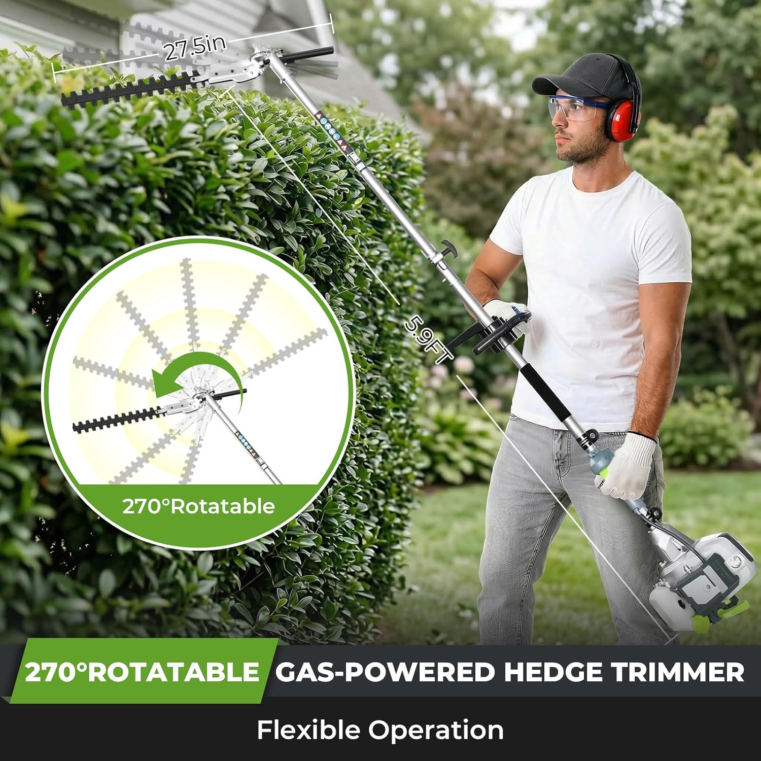 6-IN-1 Multi-Functional Weed Wacker Gas Powered, 52CC 2-Stroke Gas Weed Eater String Trimmer, Pole Saw, Hedge Trimmer and Brush Cutter Blade, Safety Lock & Shoulder Strap for Home Garden Lawn Trimming