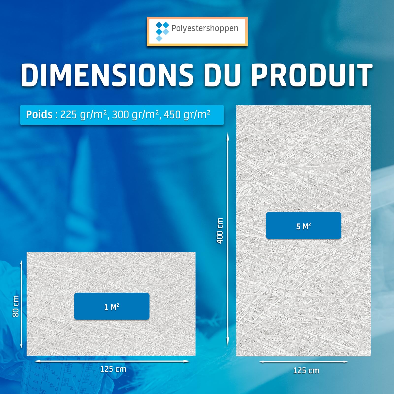 POLYESTERSHOPPEN tapis en fibre de verre, tapis de verre, tissu en fibre de verre/CSM| 5 m² | 450 g/m² |Surtout pour les résines de polyester