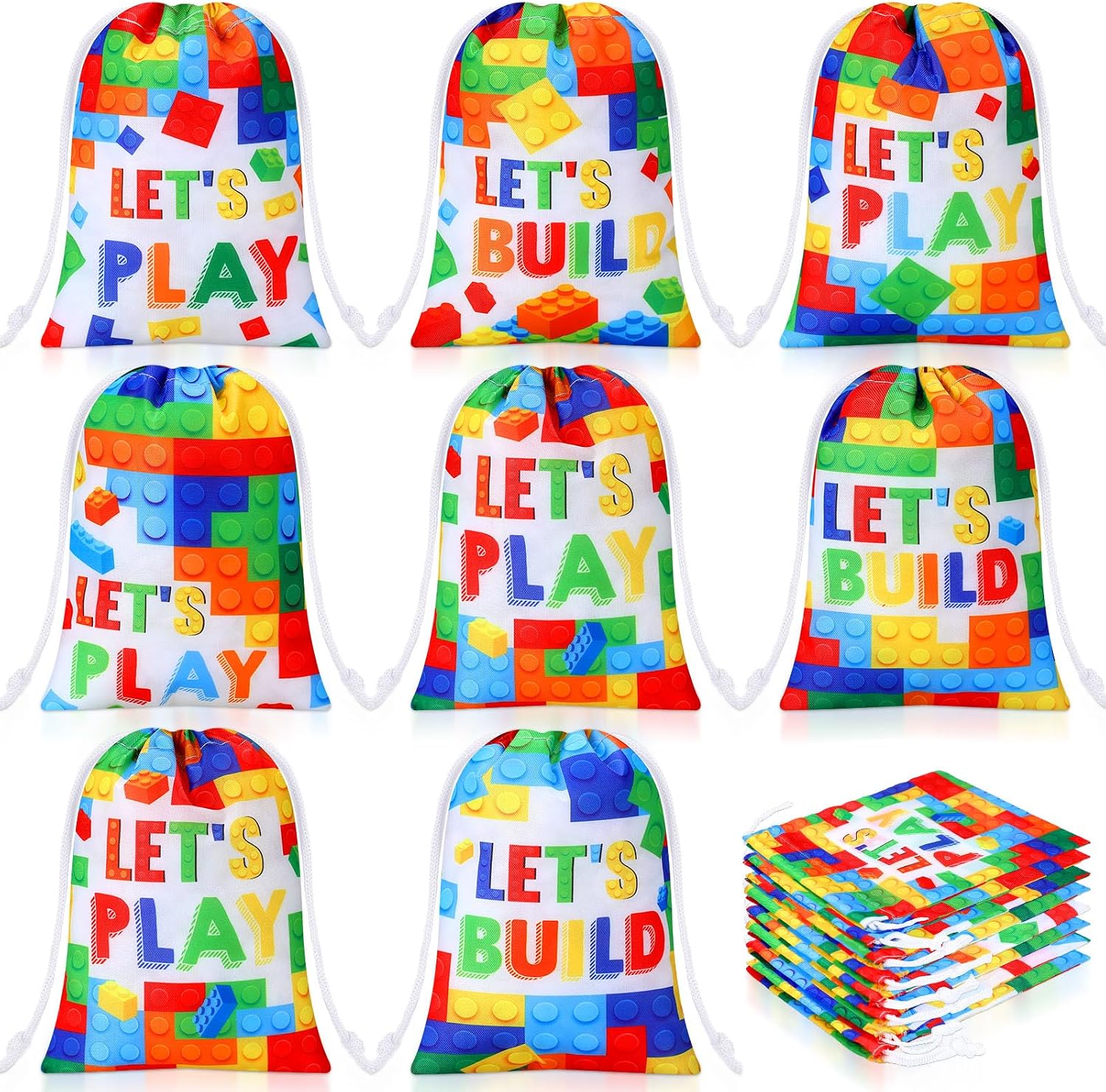Kajaia 24 Pcs Building Block Candy Treat Bags 7.1 x 5.1 Inch Block Party Favor Polyester Drawstring Reusable Gift Goodie Bags Bulk for Kids Birthday Baby Shower Party Decor Supplies