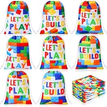 Kajaia 24 Pcs Building Block Candy Treat Bags 7.1 x 5.1 Inch Block Party Favor Polyester Drawstring Reusable Gift Goodie Bags Bulk for Kids Birthday Baby Shower Party Decor Supplies