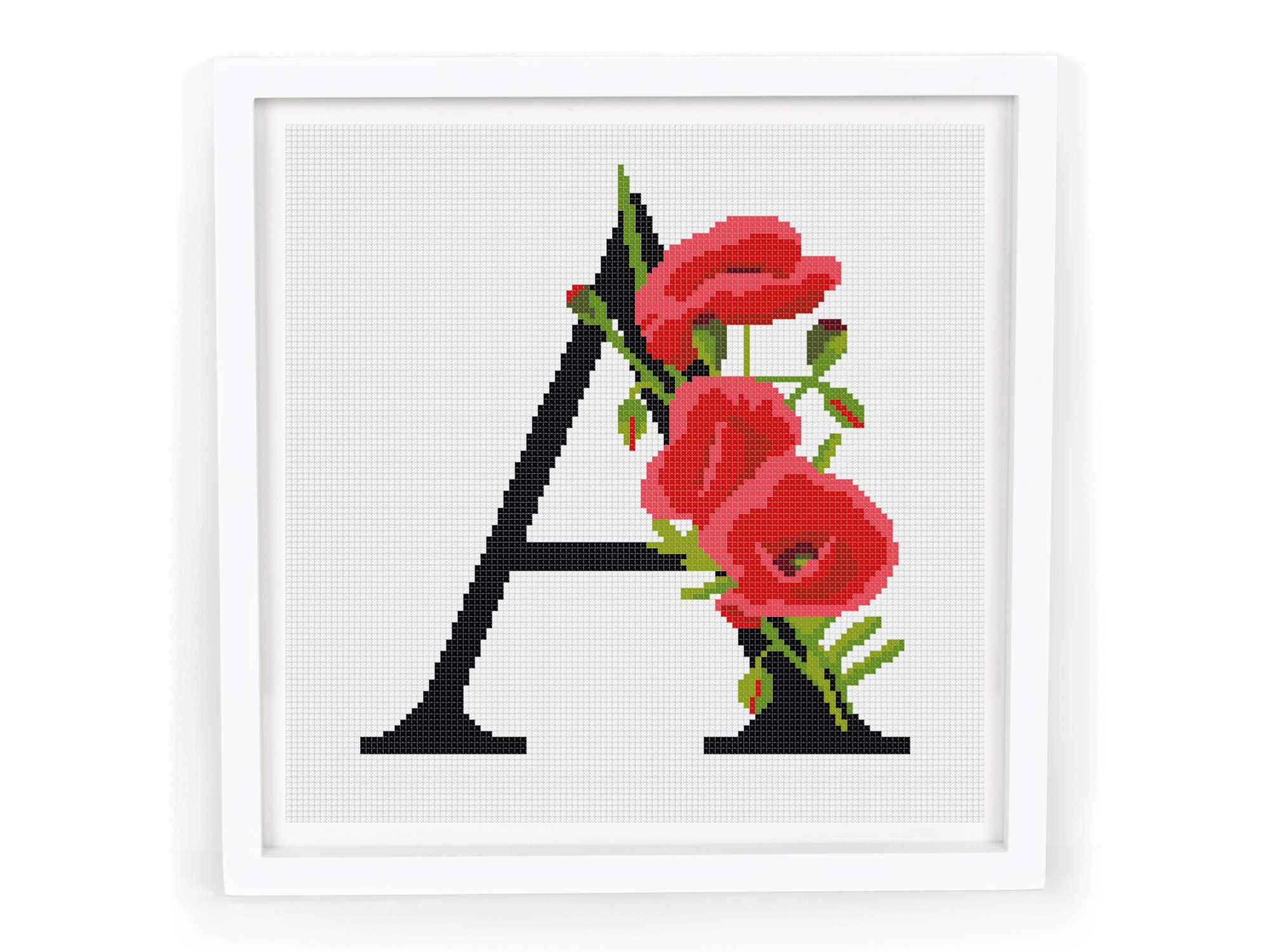 Letter A Cross Stitch Pattern PDF, Modern Counted Easy Cross Stitch Design for Beginners, Poppies Flowers Simple DMC Cross Stitch Chart, Materials are NOT Included!