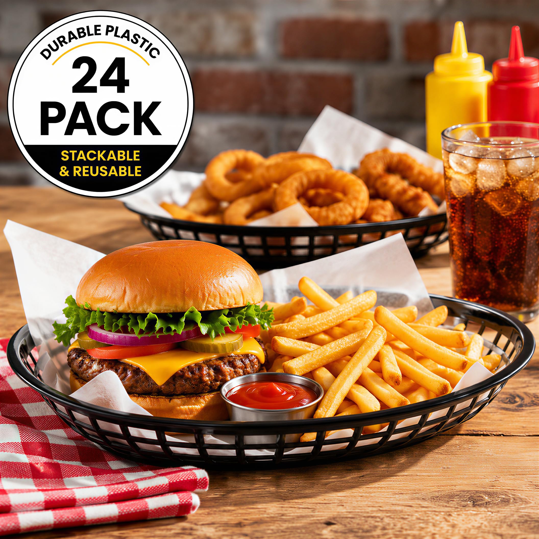 Kingrol 24 Pack Large Oval Plastic Fast Food Baskets for Restaurant, Kitchen, Office, Party, Picnic, 30 x 22 x 4 cm, Black