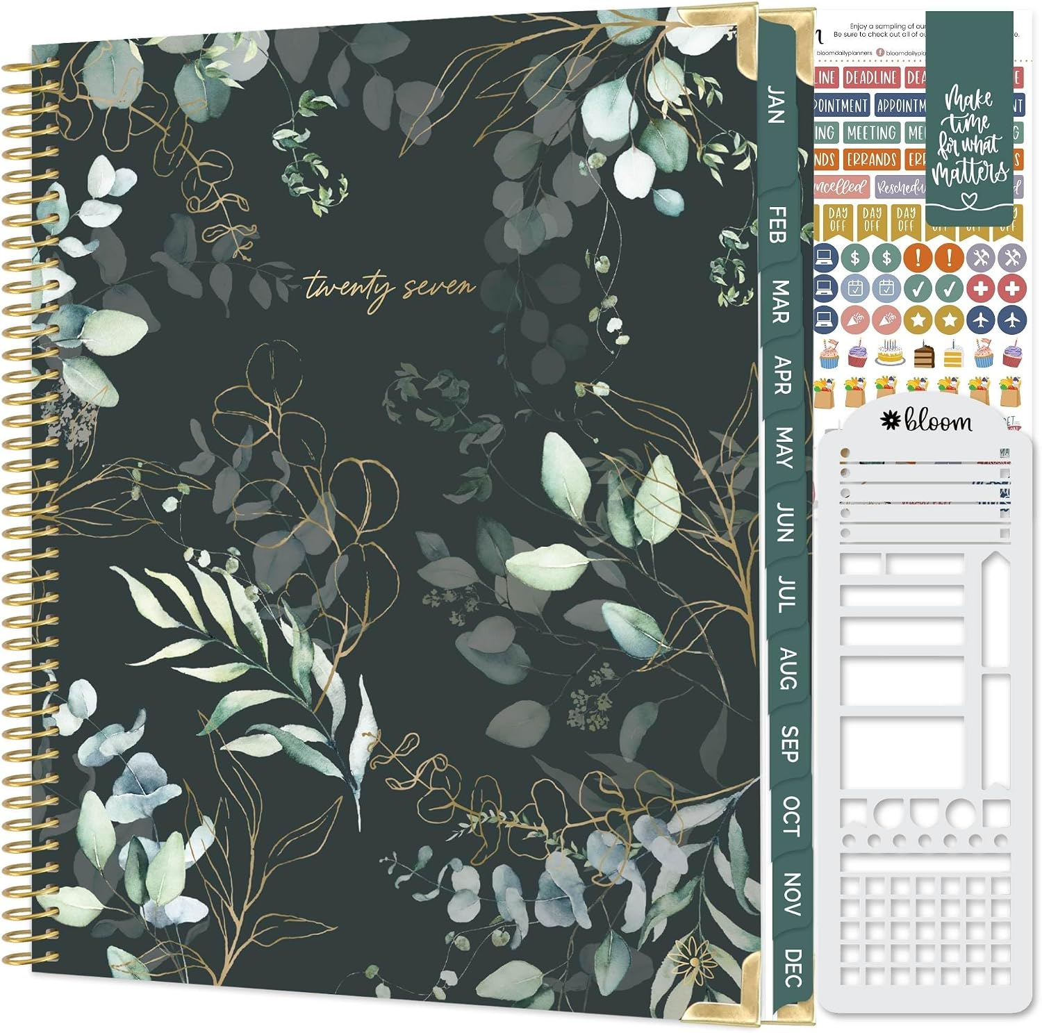 bloom daily planners 2027 HARDCOVER Planner & Stencil - 8.5” x 11" Calendar Year (January - December) Task Goal Planner for Women - Monthly & Weekly Agenda Book with Stickers -Green Eucalyptus