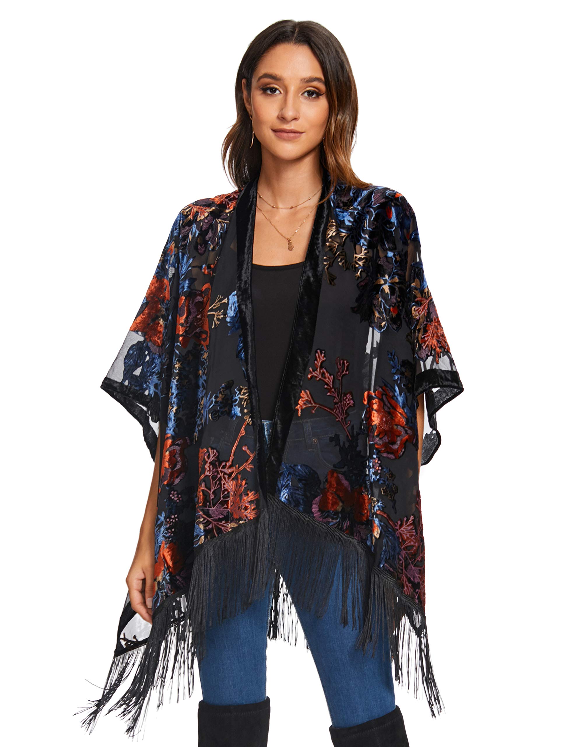 MJ SERECA Cárdigan Kimono de Terciopelo Quemado para Mujer con pompón