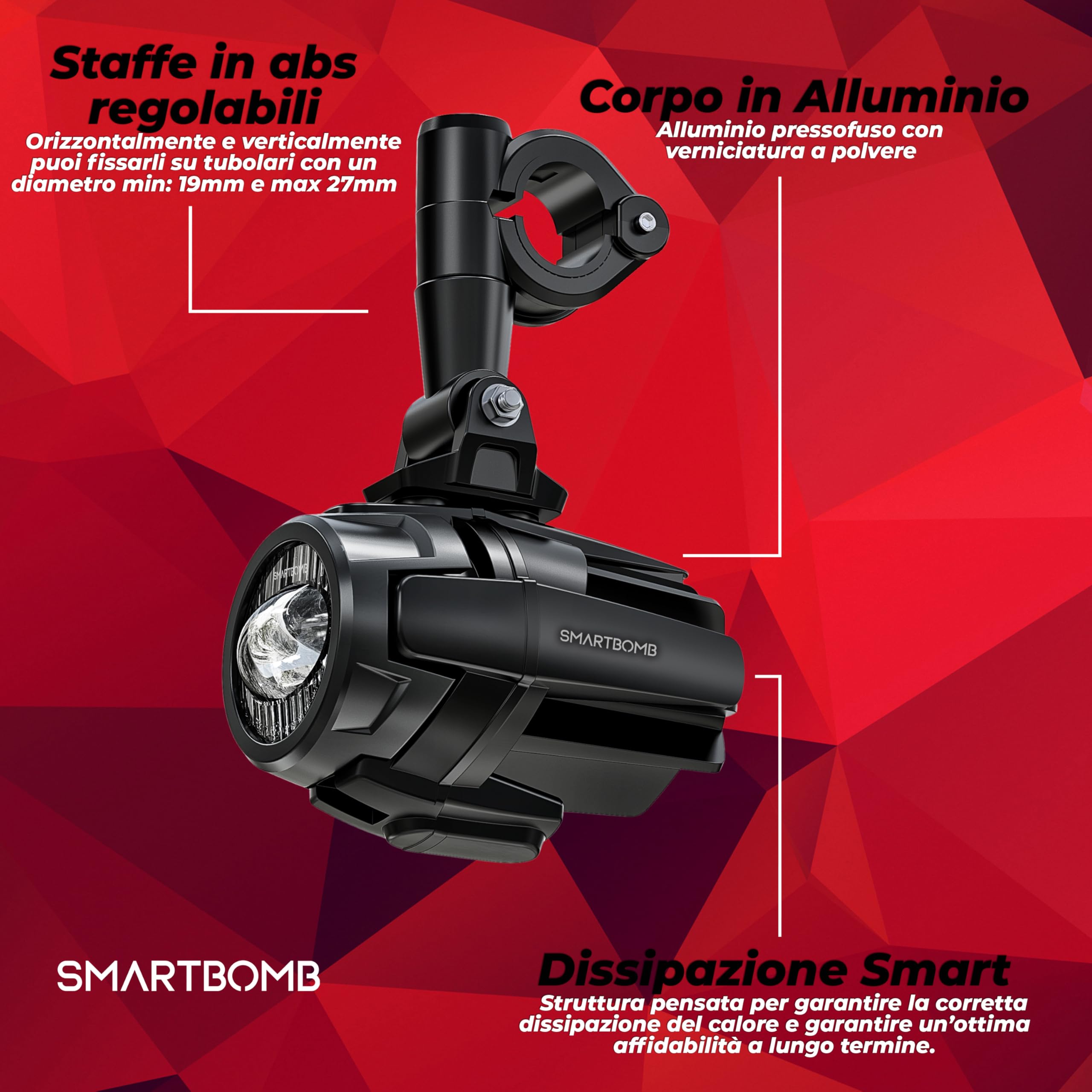 Smartbomb KIT FARETTI AUSILIARI MOTO Omologazione stradale EUROPEA certificato TÜV 100% 40W LED ANTINEBBIA 3000LM IP67+FISSAGGIO TUBOLARE 22-26MM+CABLAGGIO