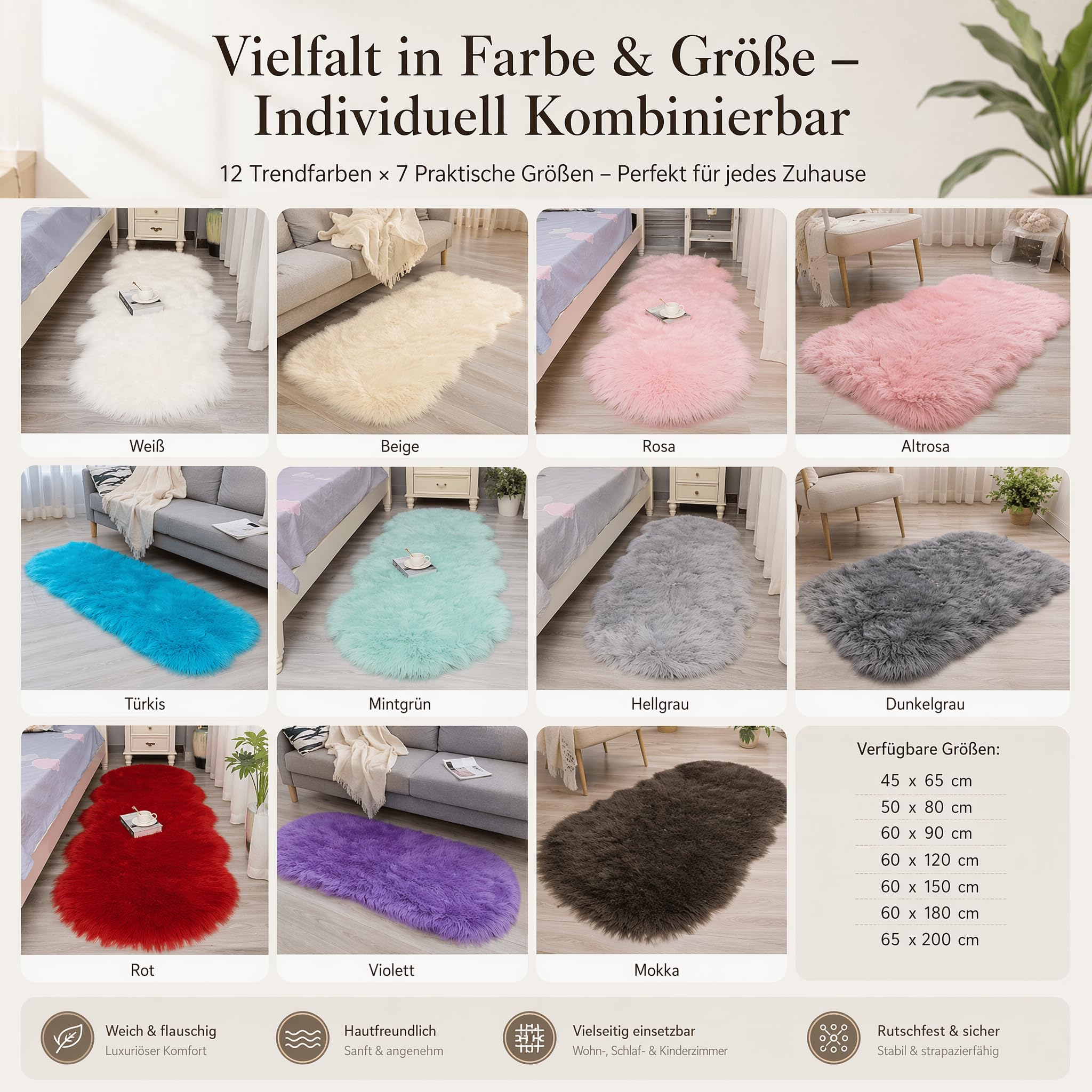 Lammfell Schaffell Teppich Faux Lammfell Schaffell Teppich Fellteppich Kunstfell Weicher Fell Carpet Kunstfell Teppich Longhair Flauschiger Teppich für Bettvorleger Sofa Blau 60x180cm
