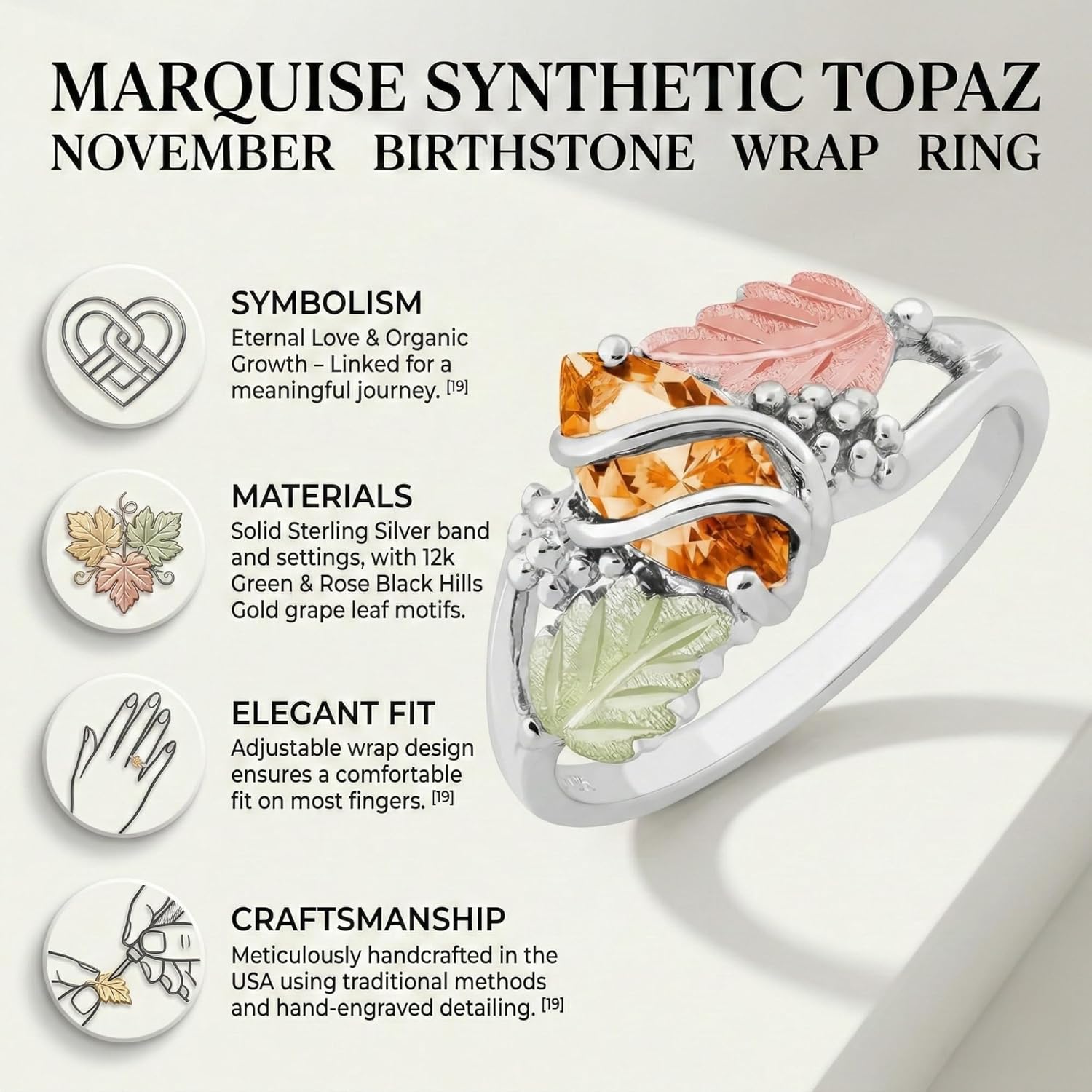 Black Hills Gold Marquise Synthetic Topaz Wrap Ring, Sterling Silver with 12k Green and Rose Gold Accents, November Birthstone Ring for Women