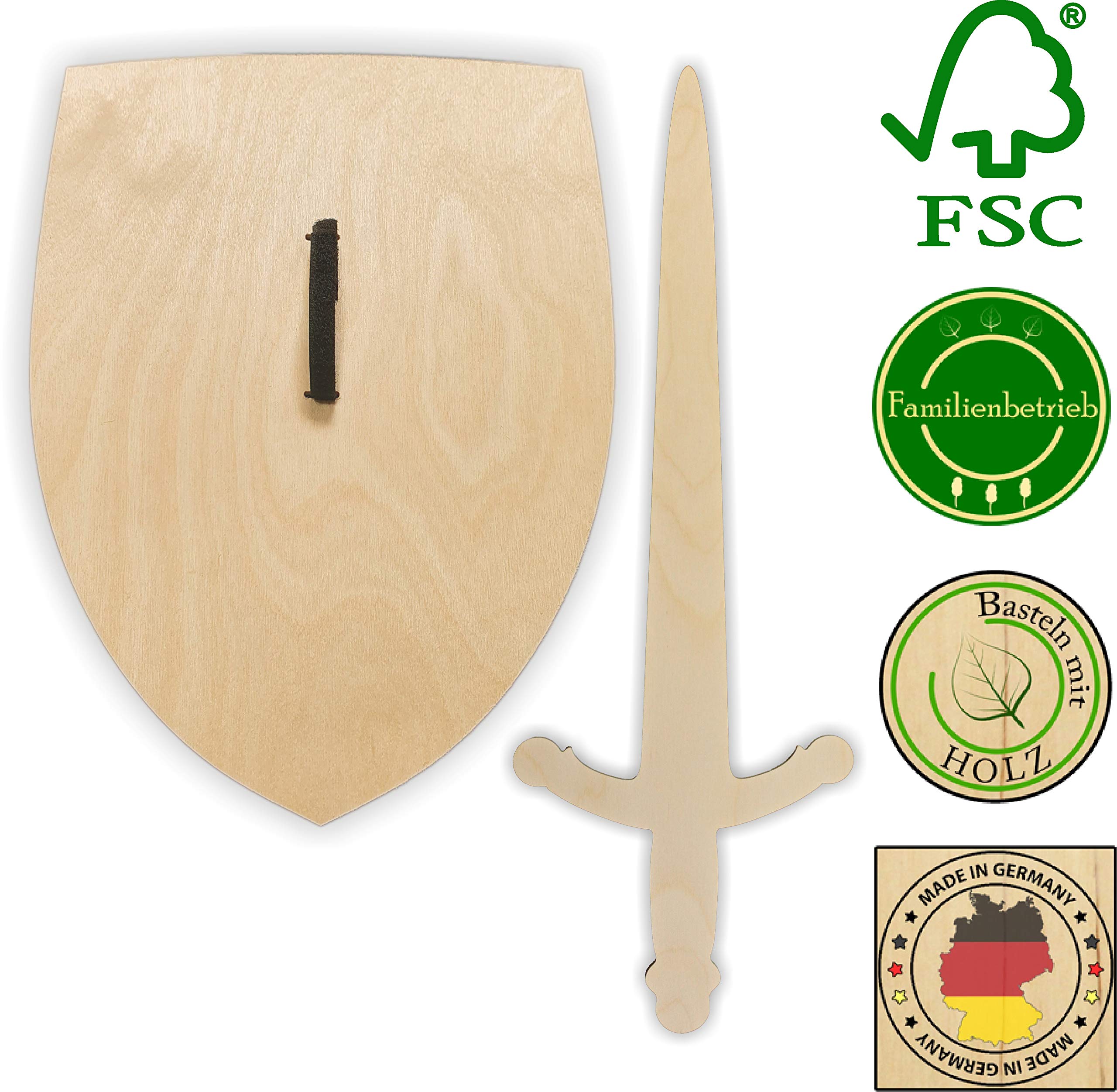 Herr Bo & Co 10x Ritterschild und Ritterschwert als Set unbehandeltem 3mm Birkensperrholz, inkl. Halteschlaufe aus hochwertigem doppelseitigem Klettband, FSC-Zertifiziert, Made in Germany