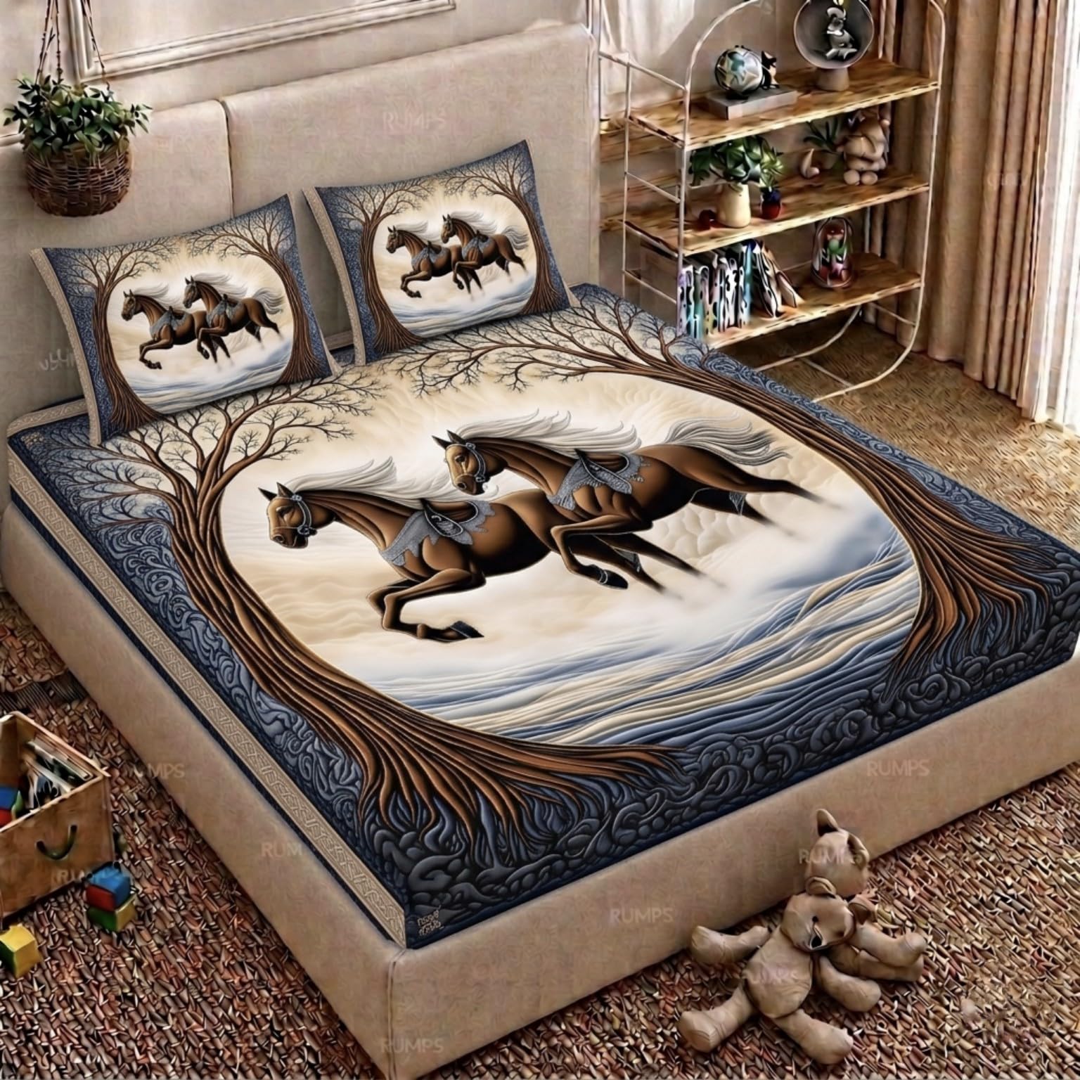 RUMPS 7D HD Digital Printed Running Horse King Size Bedsheet with 2 Pillow Covers | Luxury Designer Bedding Set | Size 90x100 Inches