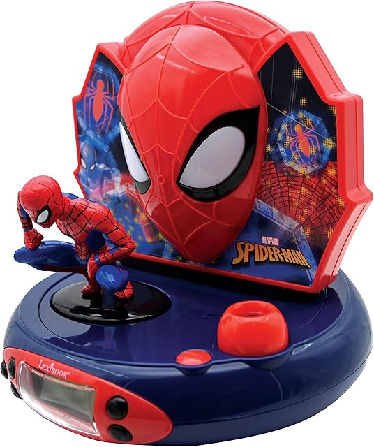 Marvel RP500SP Spider-Man Lexibook Projector Alarm clock, built-in night light, time projection onto the ceiling, sound effects, battery-powered, children, boy, Blue/Red