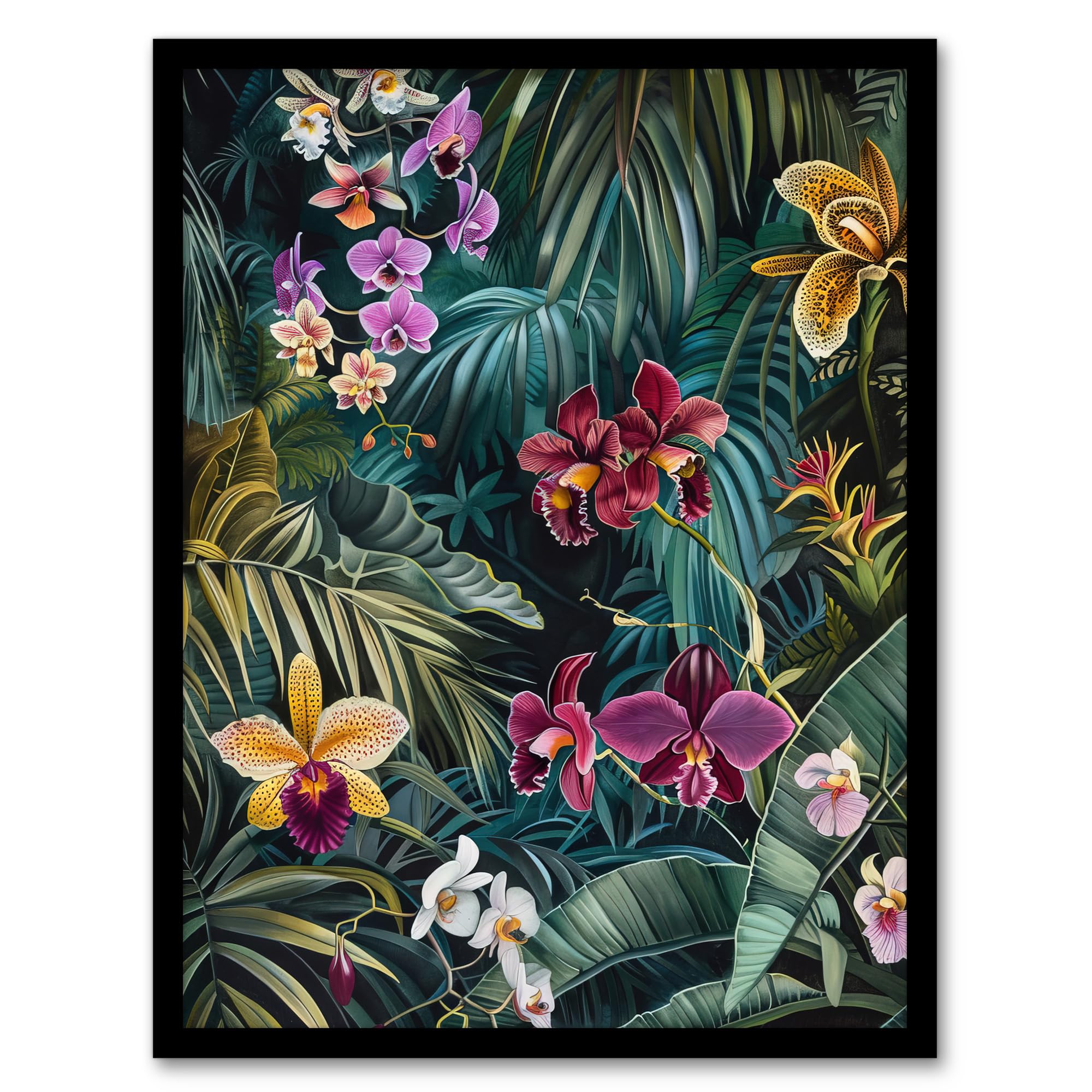 Artery8 Exotic Orchids in Jungle Painting Wild Floral Living Room Artwork Framed Wall Art Print A4