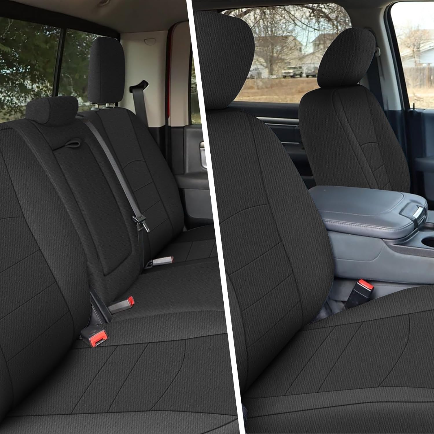 Seat Covers Compatible with 2009-2021 Dodge Ram 1500 & 2010-2018 Ram 2500/3500, Knitted Fabric Front & Rear 60/40 Split Seat Complete Set, Black