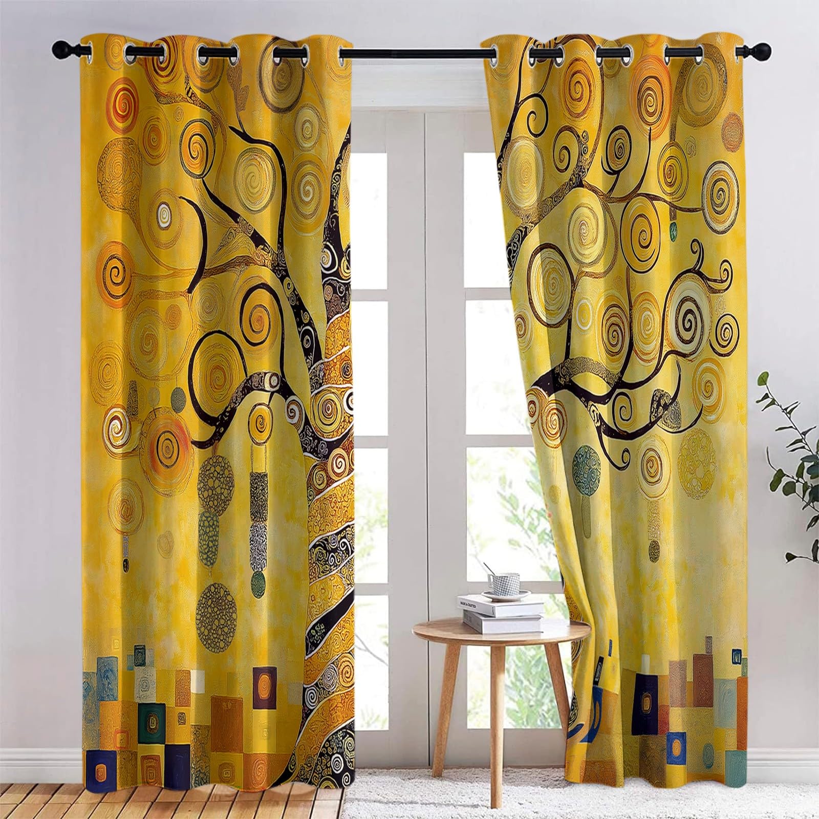 Vorhang Klimt Lebensbaum Der Linien Drucken Gelb mit Ösen Verdunklungsvorhänge Gardinen Thermo Vorhänge Blackout Curtain Kinder Wohnzimmer Schlafzimmer H230 x B117 cm (2er Pack)