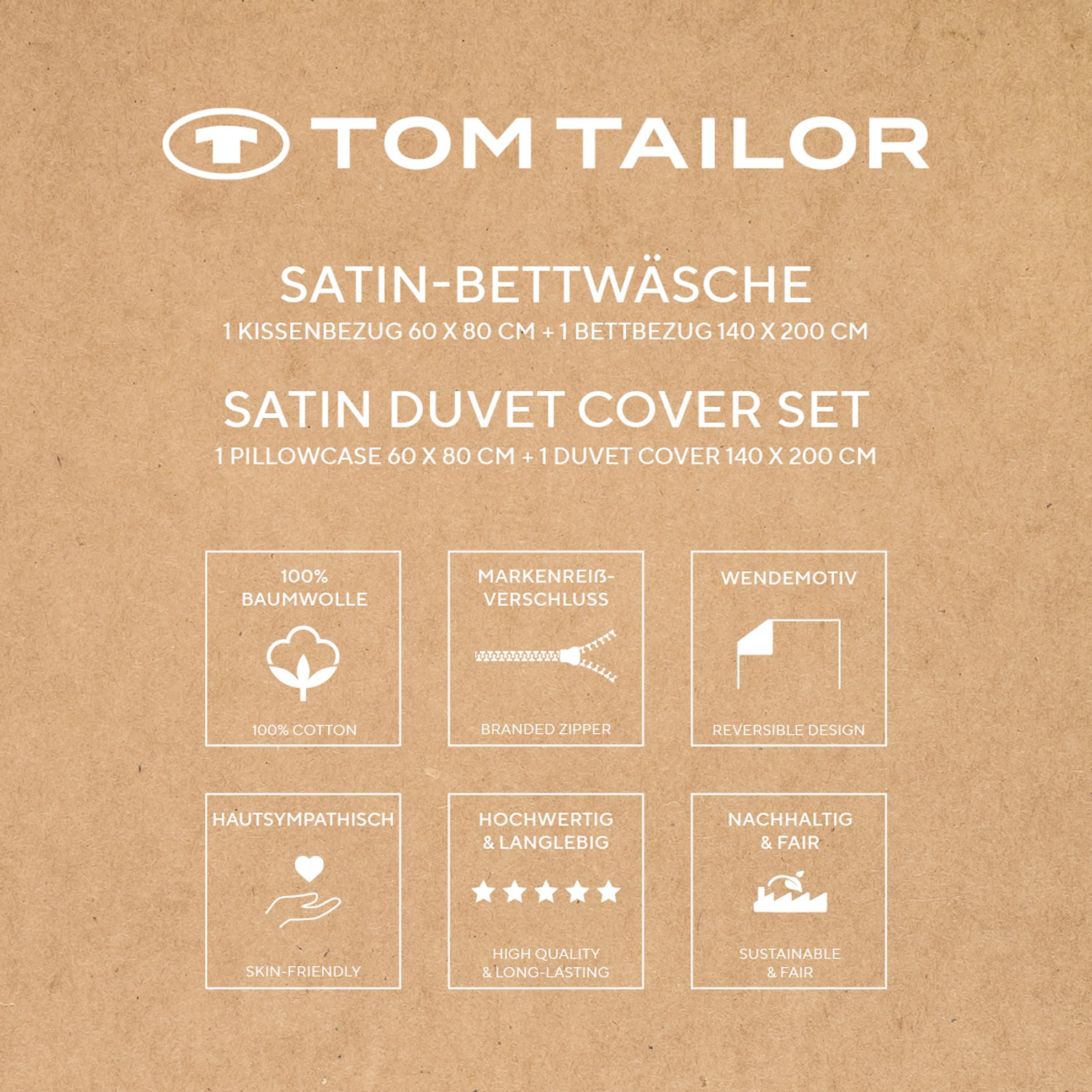 TOM TAILOR Satynowa bielizna, 60 x 80 cm + 140 x 200 cm, 100% bawełna, satyna, z farbiger Paspel am Kissen, Wendemotiv und Markenreißverschluss, CLASSIC SATIN Strings Weiß, Lila (Cozy Mauve, Fresh
