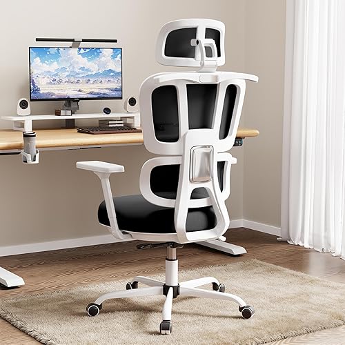 Miniatura 10 de Silla de oficina ergonómica con soporte lumbar y reposacabezas, silla de computadora de malla gruesa con reposabrazos y bloqueo de inclinación