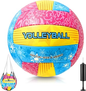 Soft Touch Volleyball Official Size 5, PU Leather Training Ball for Girls Beginners Kids Youth, Printed Indoor Outdoor Practice Volleyball with Pump & Mesh Bag for School Gym & Backyard