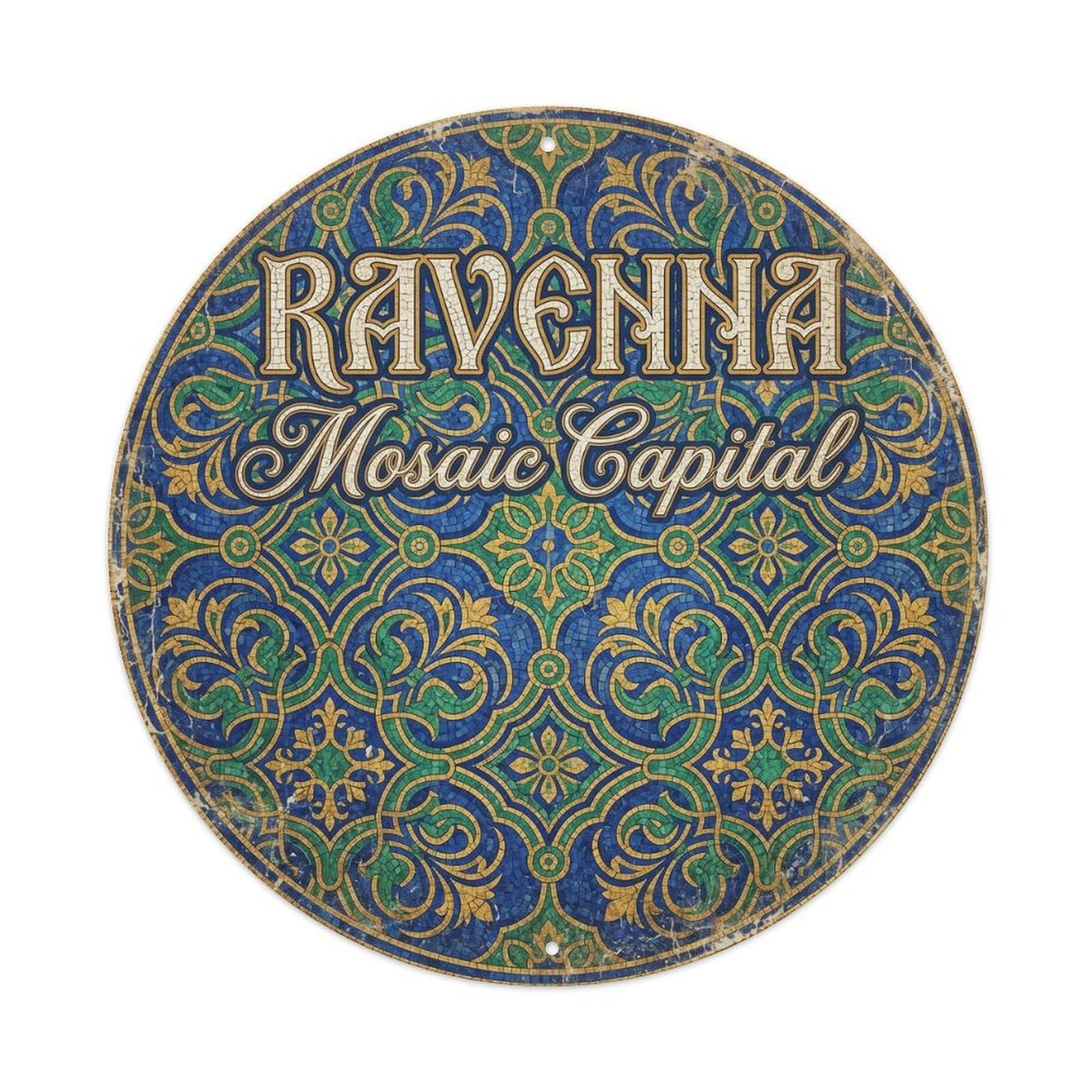 Vintage Travel Ravenna Mosaics Italy Metal Tin Sign Plaque Wall Decor for Cafe, Club, Garden Round Metal Poster 8x8Inch