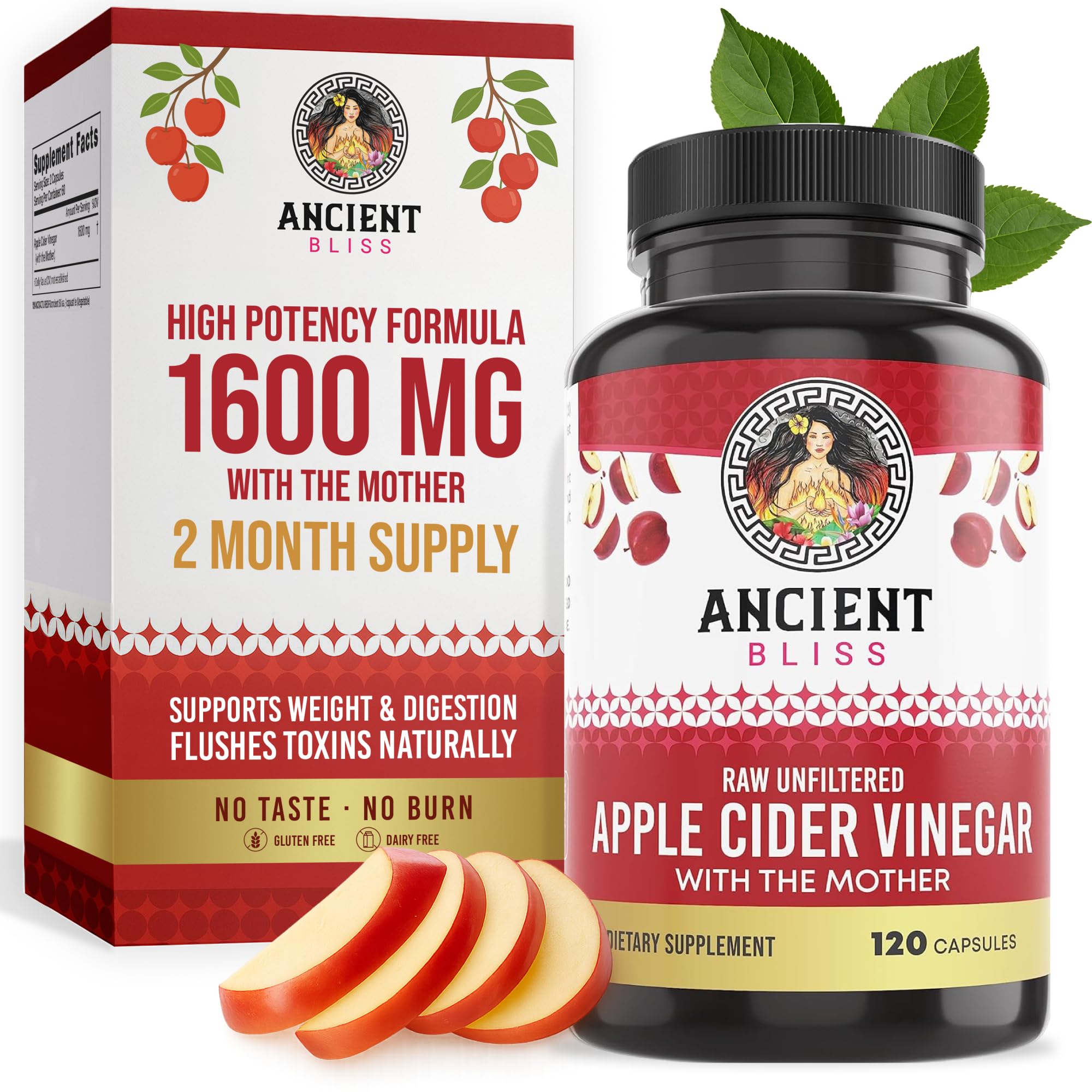 Apple Cider Vinegar Organic Capsules with The Mother, Helps Improve Digestion, Unfiltered Vinegar Capsules, 1600MG (120 Capsules)
