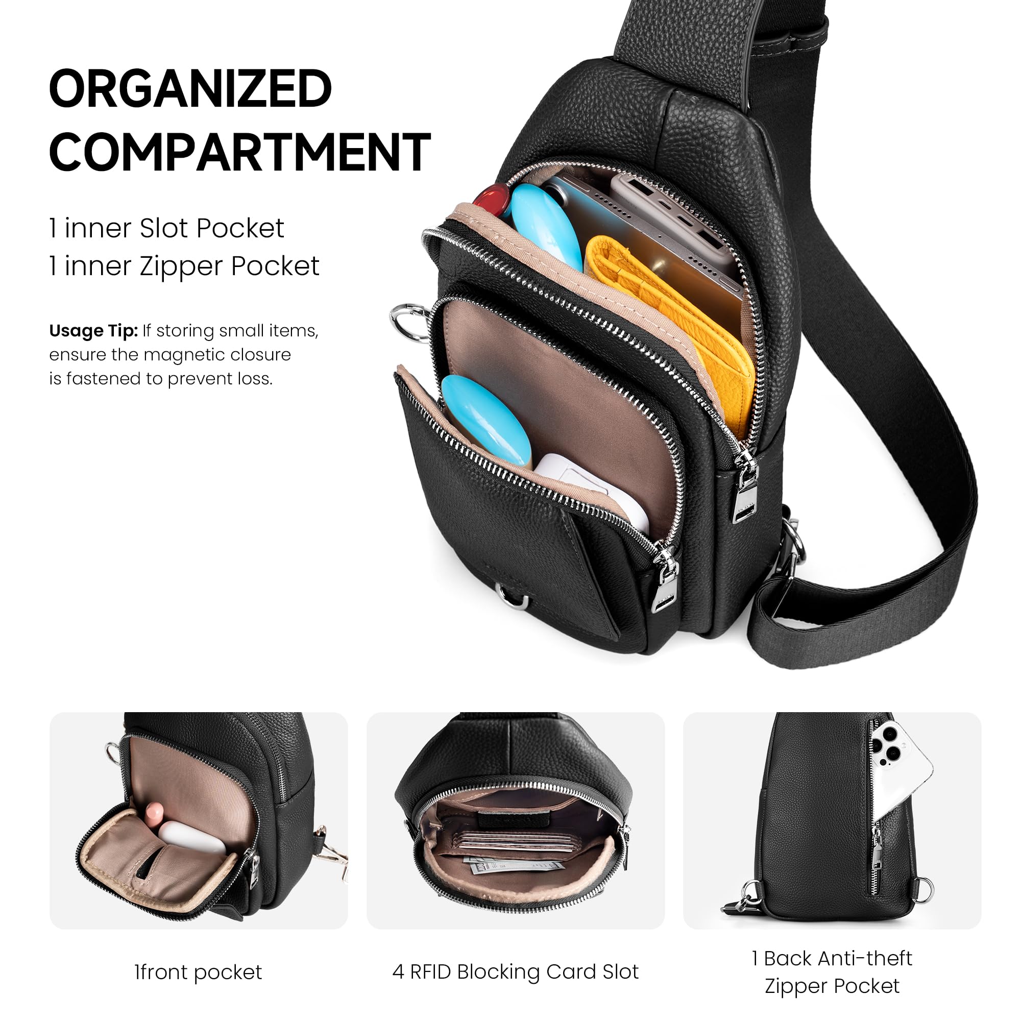 befen Antykradzieżowa torba na ramię z prawdziwej skóry dla kobiet, RFID, mała torba crossbody, torba na klatkę piersiową, skórzana saszetka na podróż