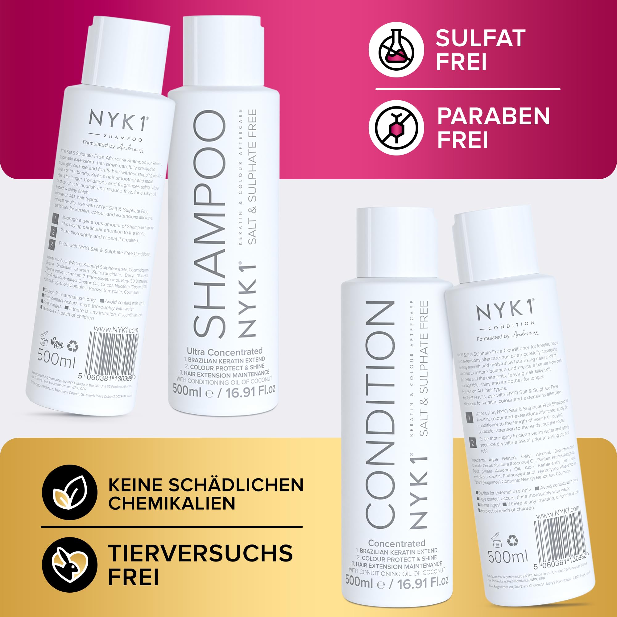 NYK1 Sulfatfreies Shampoo Und Conditioner (2 x 500ml) Ideales Keratin Shampoo Und Pflegespülung Nach Der Pflege Der Haare Für Haarglättung - Salzfreies Shampoos Ohne Sulfate Parabene Und Silikone