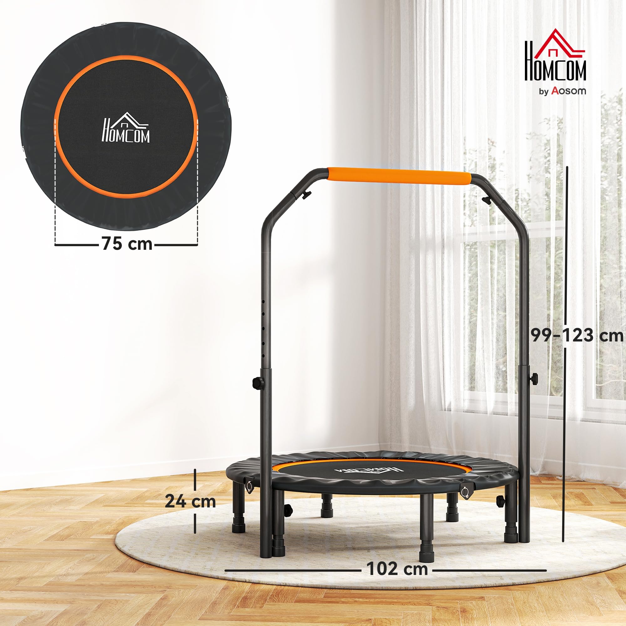 HOMCOM 102 cm Fitness-Trampolin, Faltbares Mini-Trampolin mit vierfach höhenverstellbarem Haltegriff, Fitness-Rebounder für Erwachsene, bis 150 kg