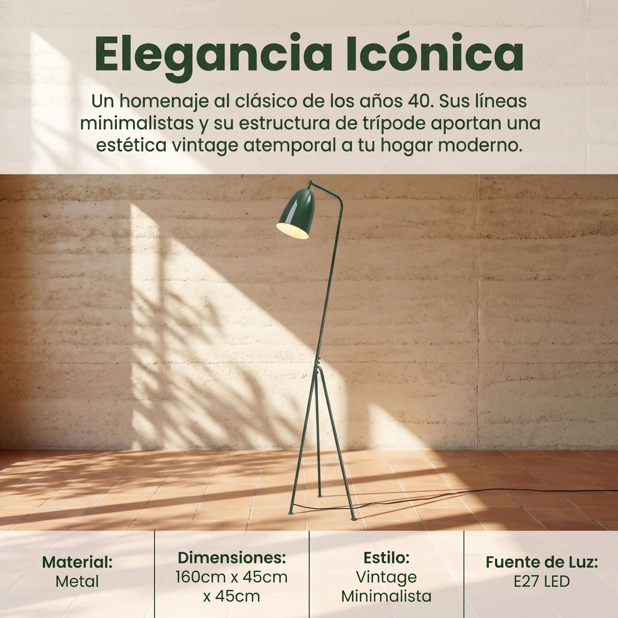BARCELONA LED Lampa Podłogowa Shoppen Zielona, Nowoczesna Lampa Trójnóg Mid Century, Regulowany Klosz E27, Skandynawska Lampa Vintage do Salonu Sypialni Biura